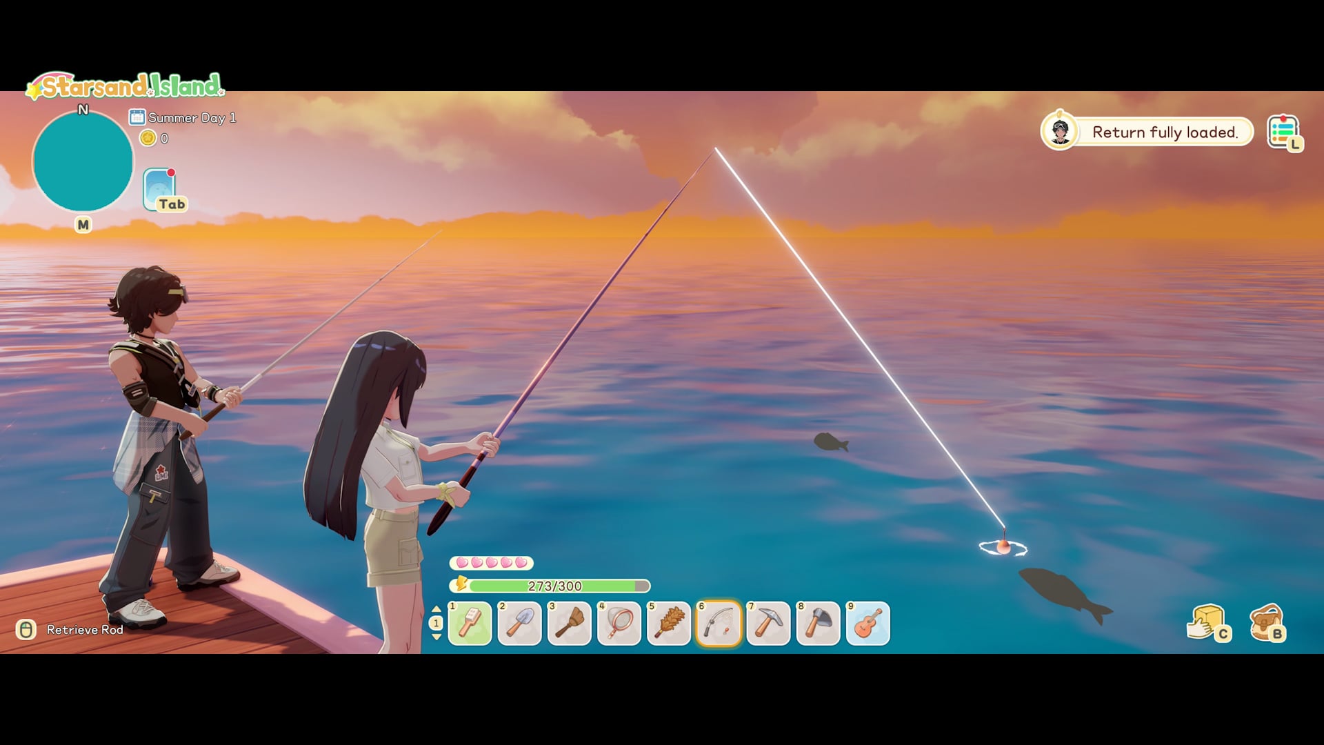 Fishing from a boat dock at sunset with Delphin, casting lines into the water