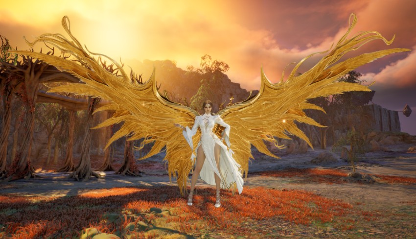 A character in a white outfit spreading the gold Blazing Sun Wings on a sunlit autumn plain, front view