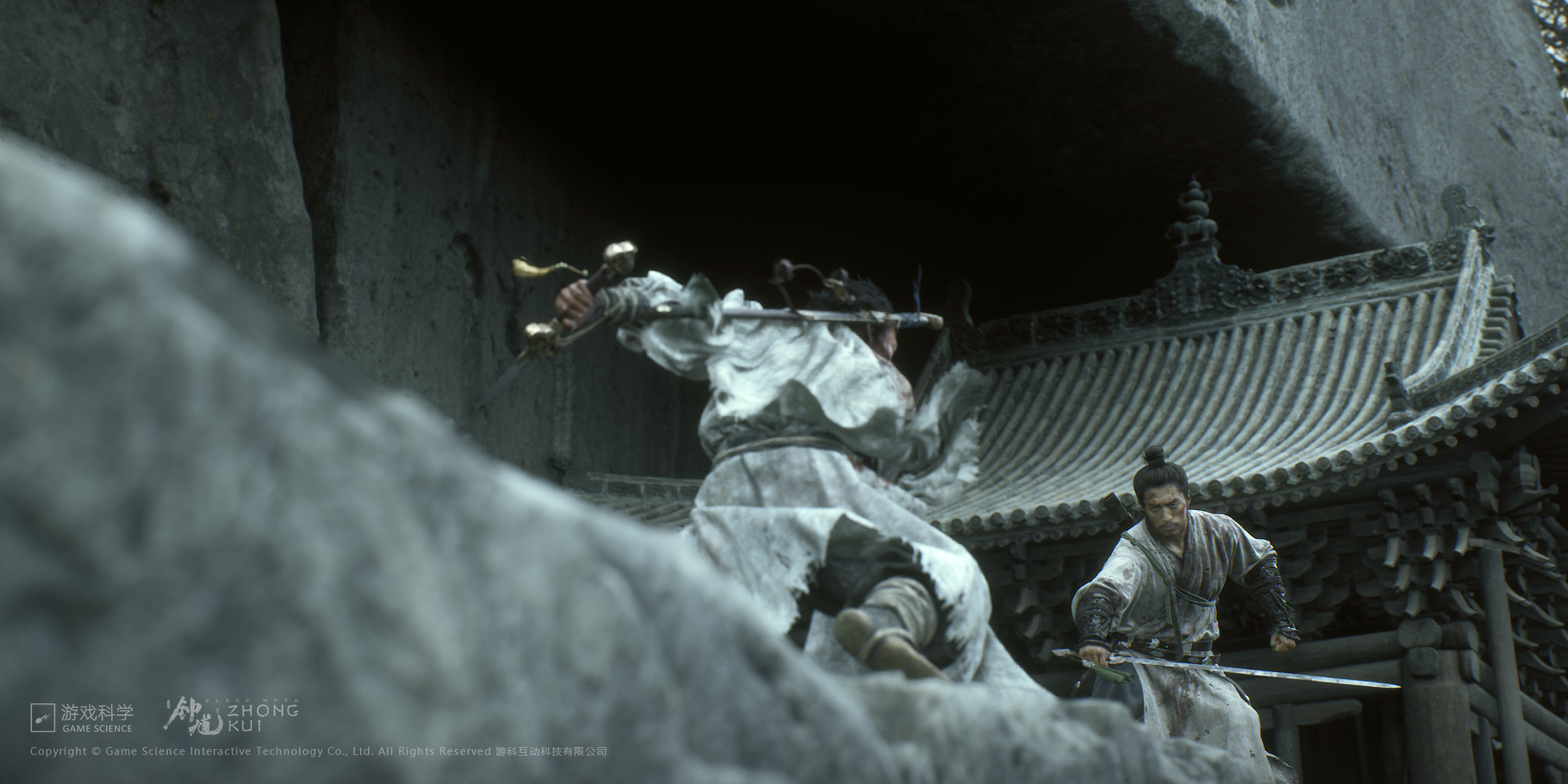 Official cover image for the August 2026 gameplay demo of Black Myth: Zhong Kui: two sword-wielding figures clash beneath a carved cliff face and a tiled temple roof, captured in-game from a work-in-progress build