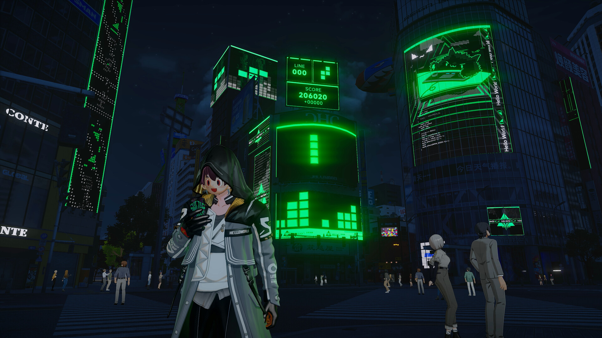 A hooded figure on a night street as the surrounding billboards fall to a block-puzzle takeover