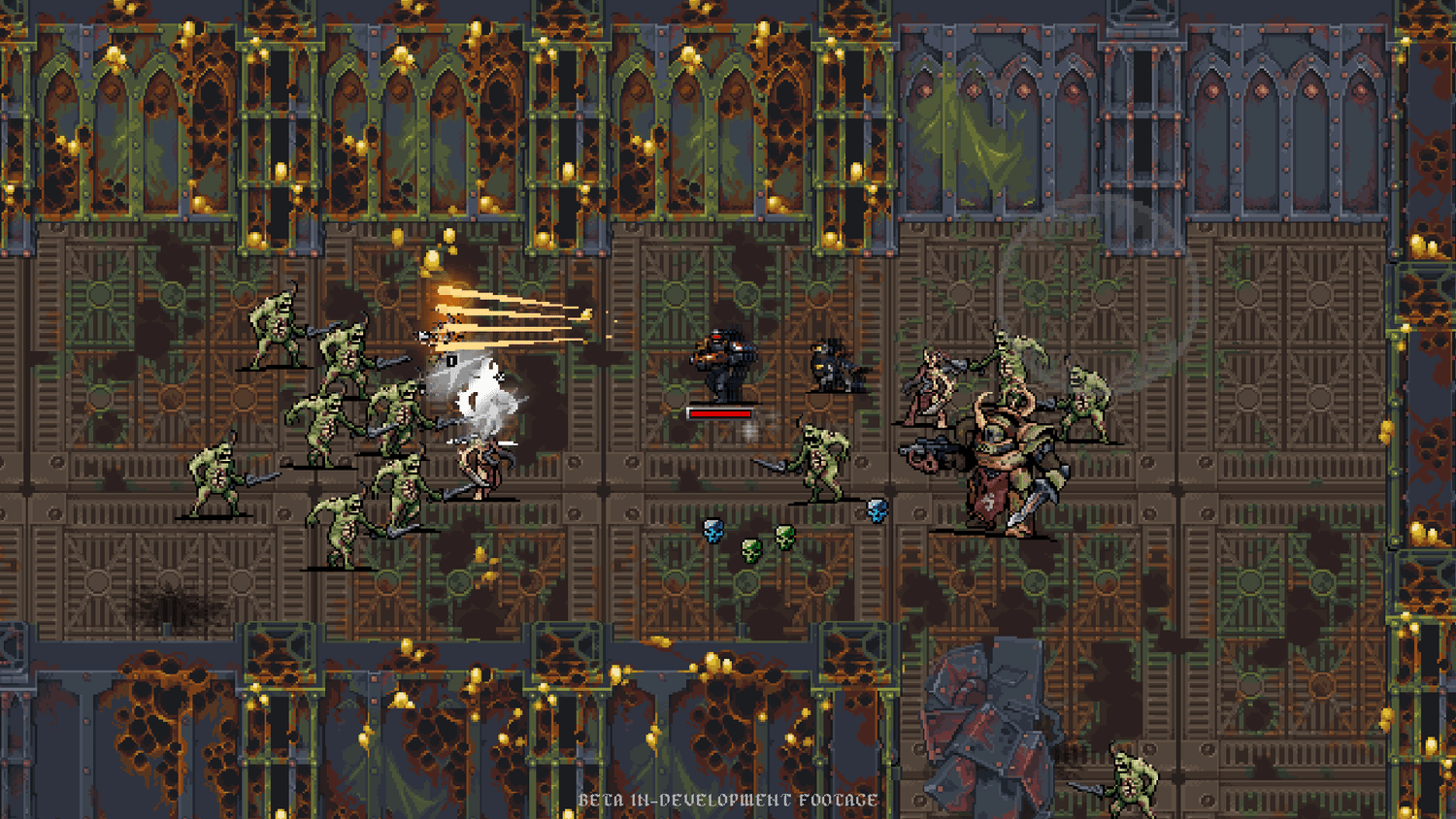 Death Guard enemies in the corroded corridors of the Gallowdark space hulk stage in Warhammer Survivors