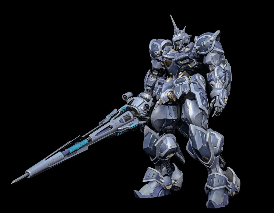 Official front render of CALICE, a pale silver knightly mobile suit with a bladed head crest, levelling a long lance-like ranged weapon
