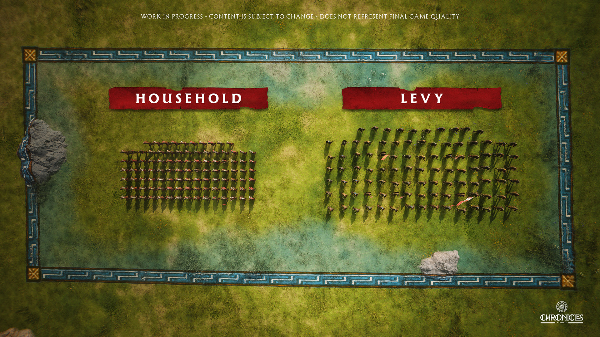 Top-down comparison of one hundred Household soldiers holding a tight formation beside one hundred Levy soldiers in a looser, more ragged formation