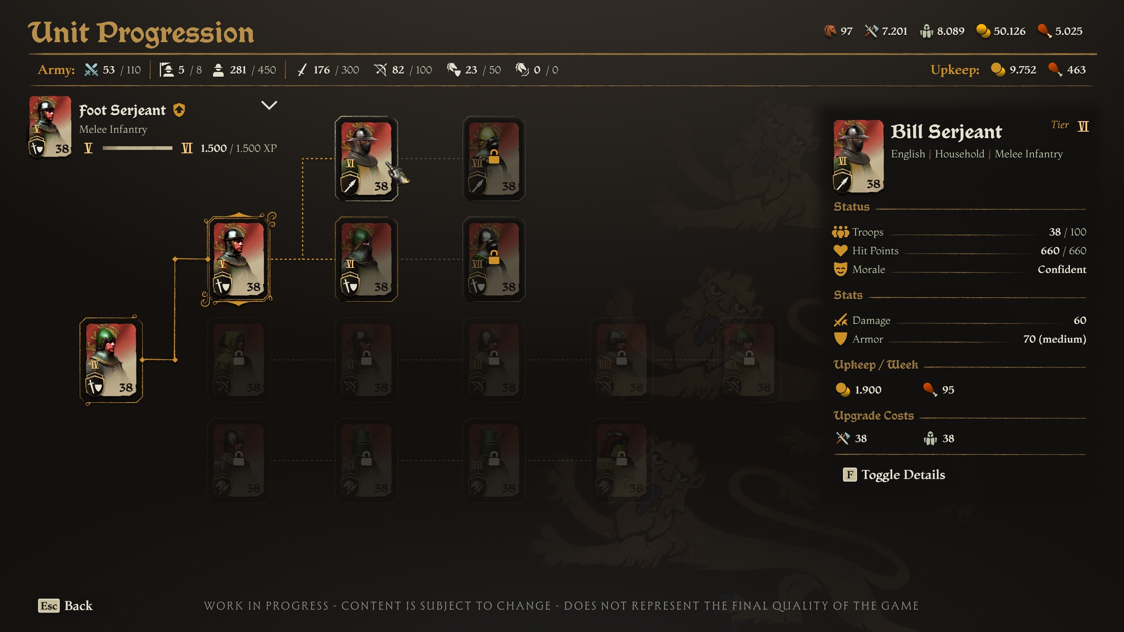 Unit Progression screen showing the English Foot Serjeant promoting to the tier 6 Bill Serjeant, with unit stats, weekly upkeep, and upgrade costs