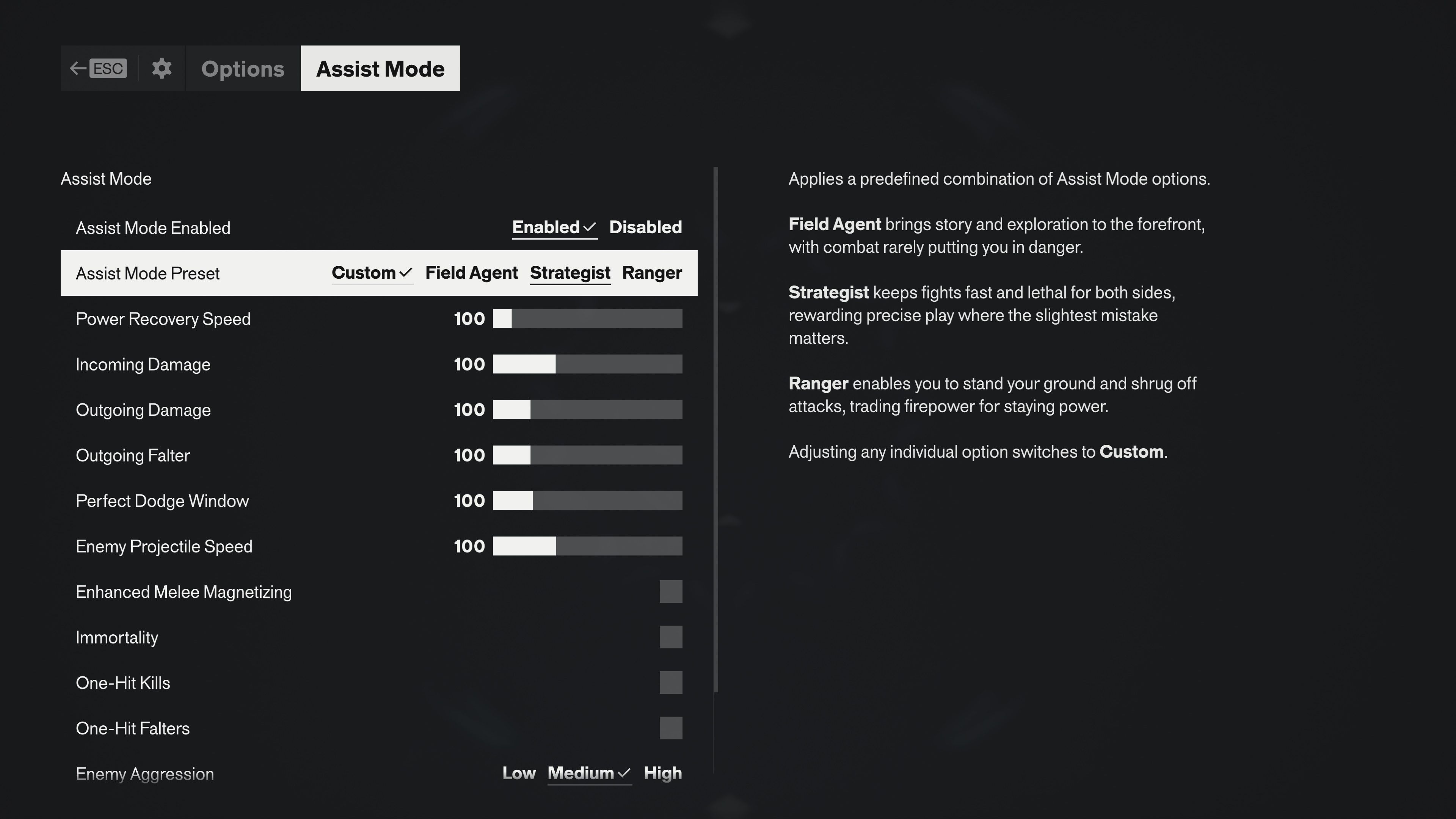 Assist Mode options screen showing the Custom, Field Agent, Strategist and Ranger presets with the official tooltip describing each one