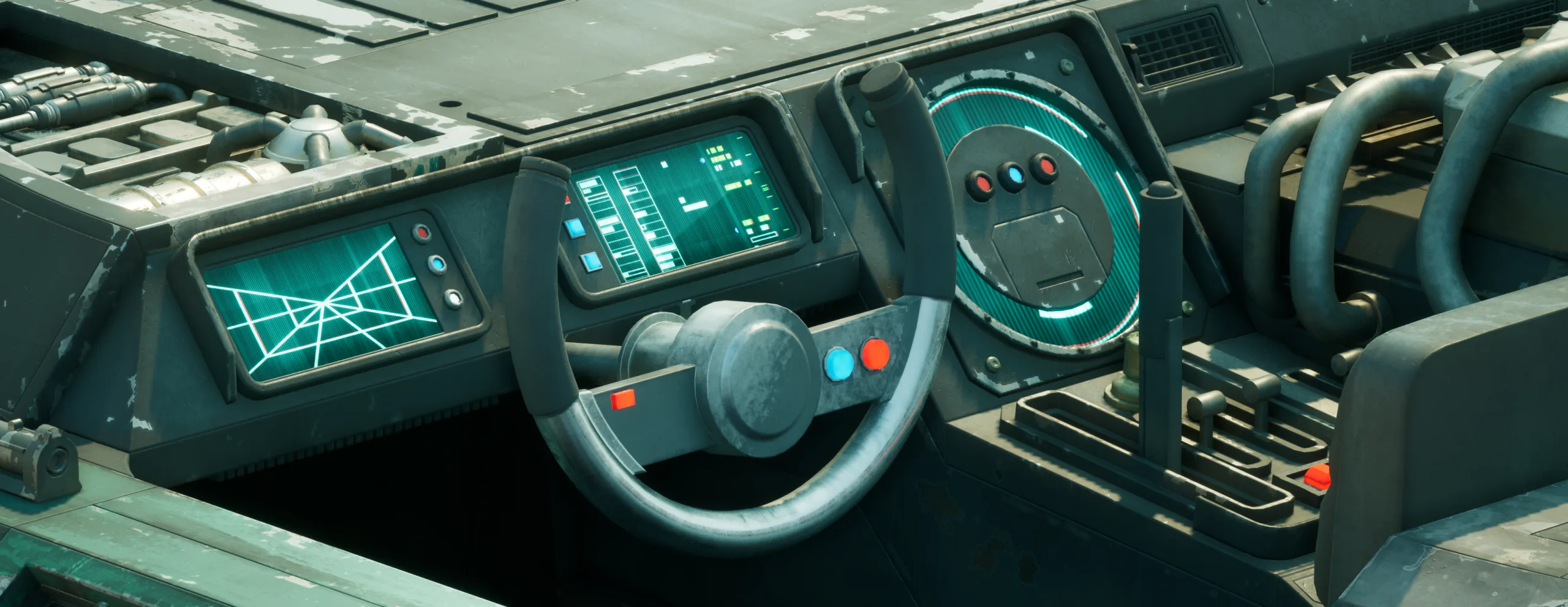 In-game repulsorcraft cockpit with a steering yoke, glowing display screens and switch panels