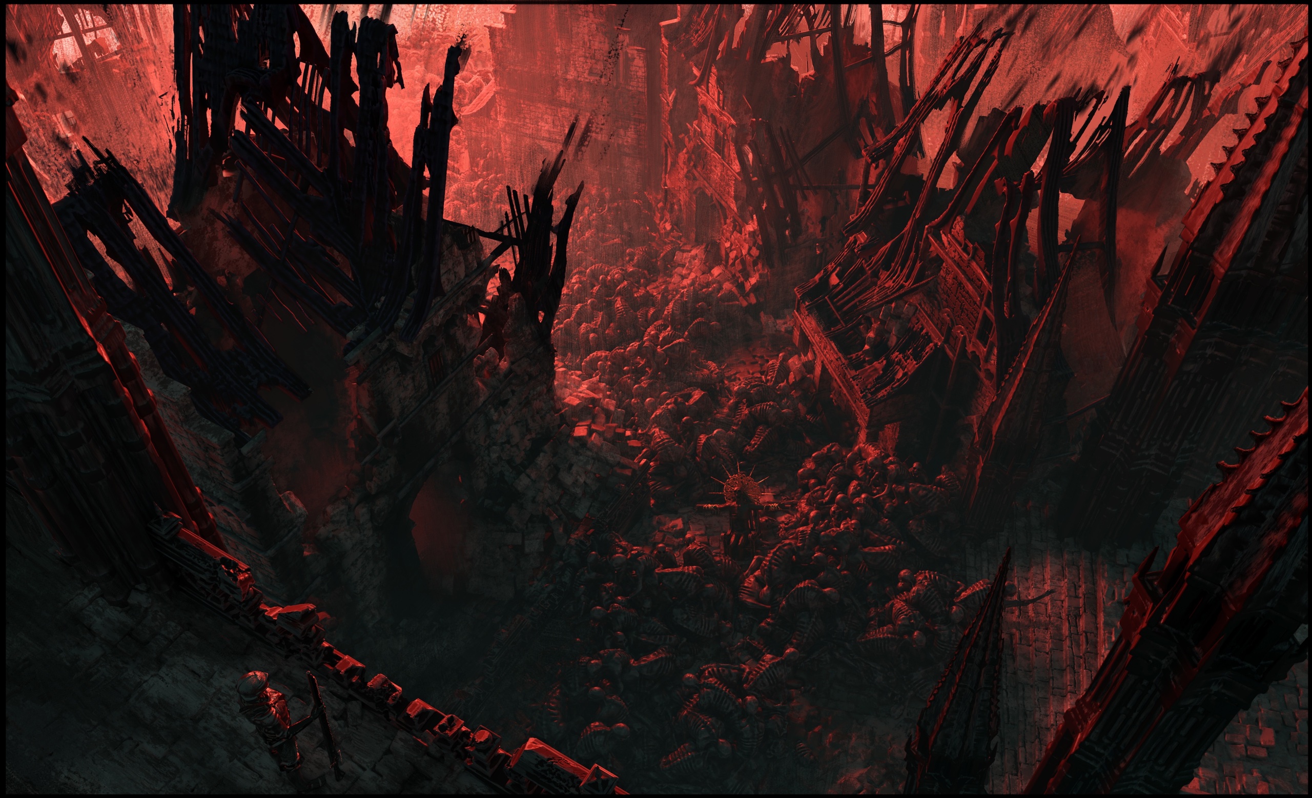 Concept art of a deep chasm choked with red, twisted growths and splintered structures