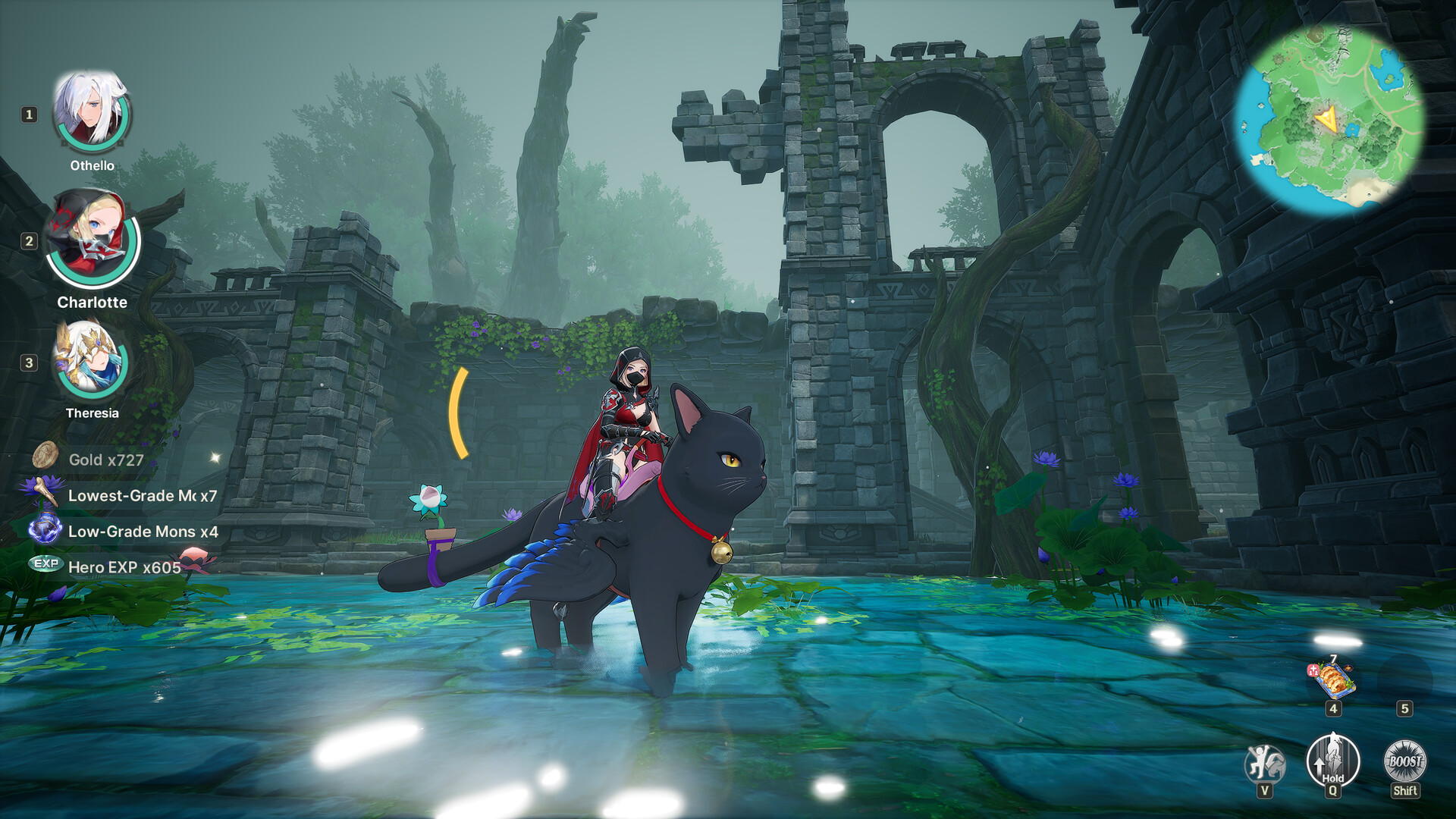 A masked Hero riding a large black winged cat Familiar through flooded ruins in DragonSword : Awakening, with Othello, Charlotte, and Theresia in the party bar and a pickup log showing gold, monster materials, and Hero experience