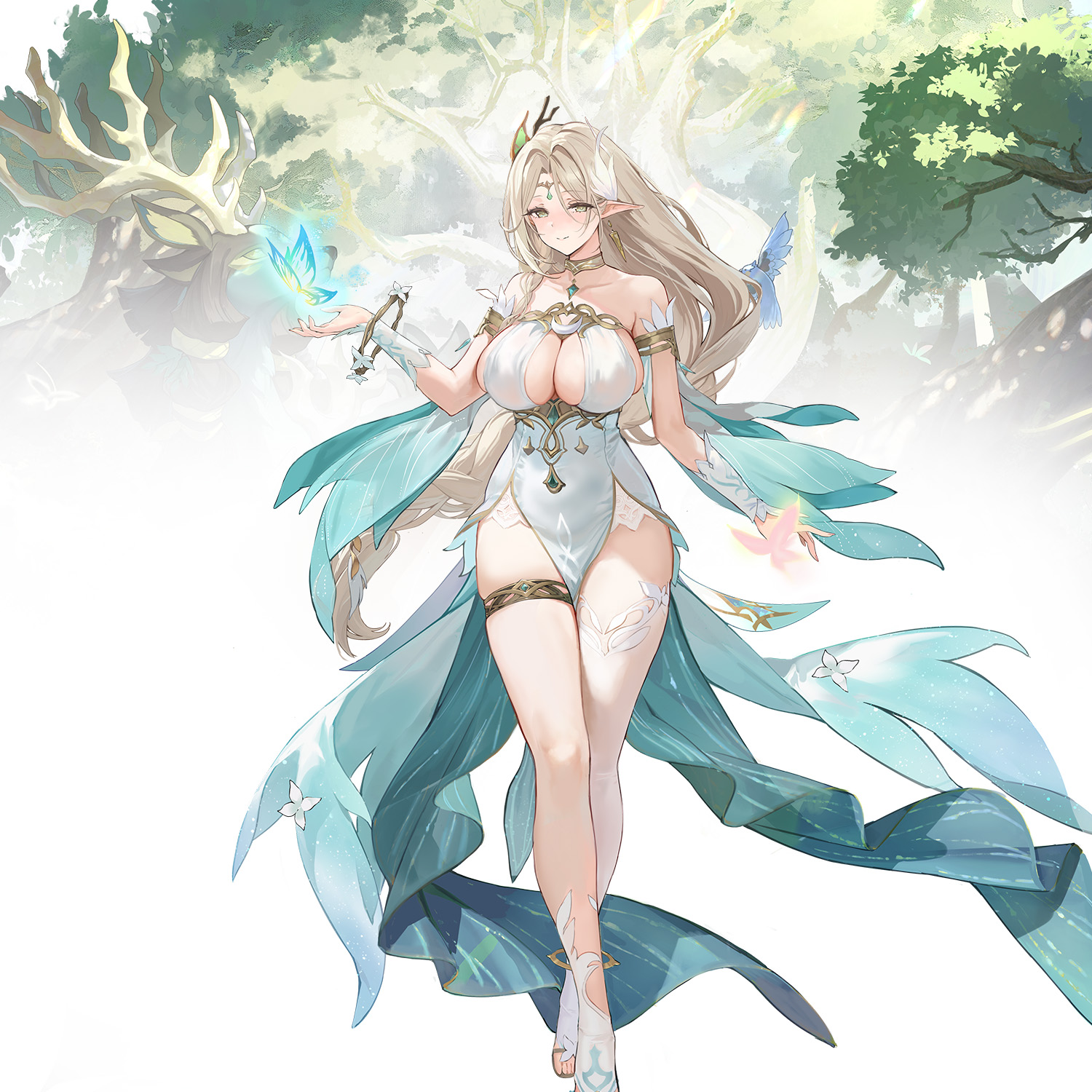 Metsa, an elf gardener in flowing green and white robes, in a sunlit forest