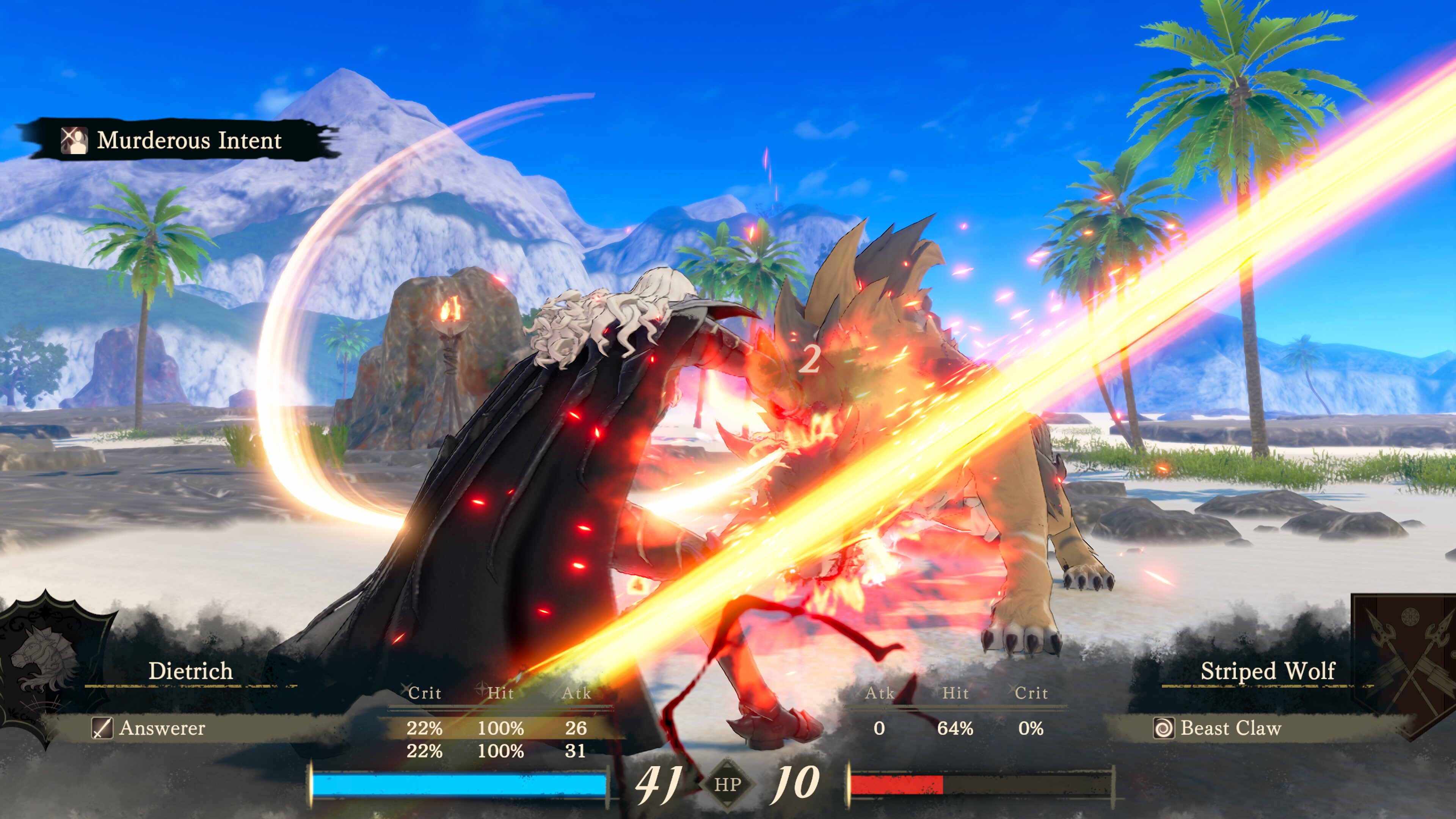 Dietrich sweeping the Answerer as a wide gold beam through a burning wolf on a beach