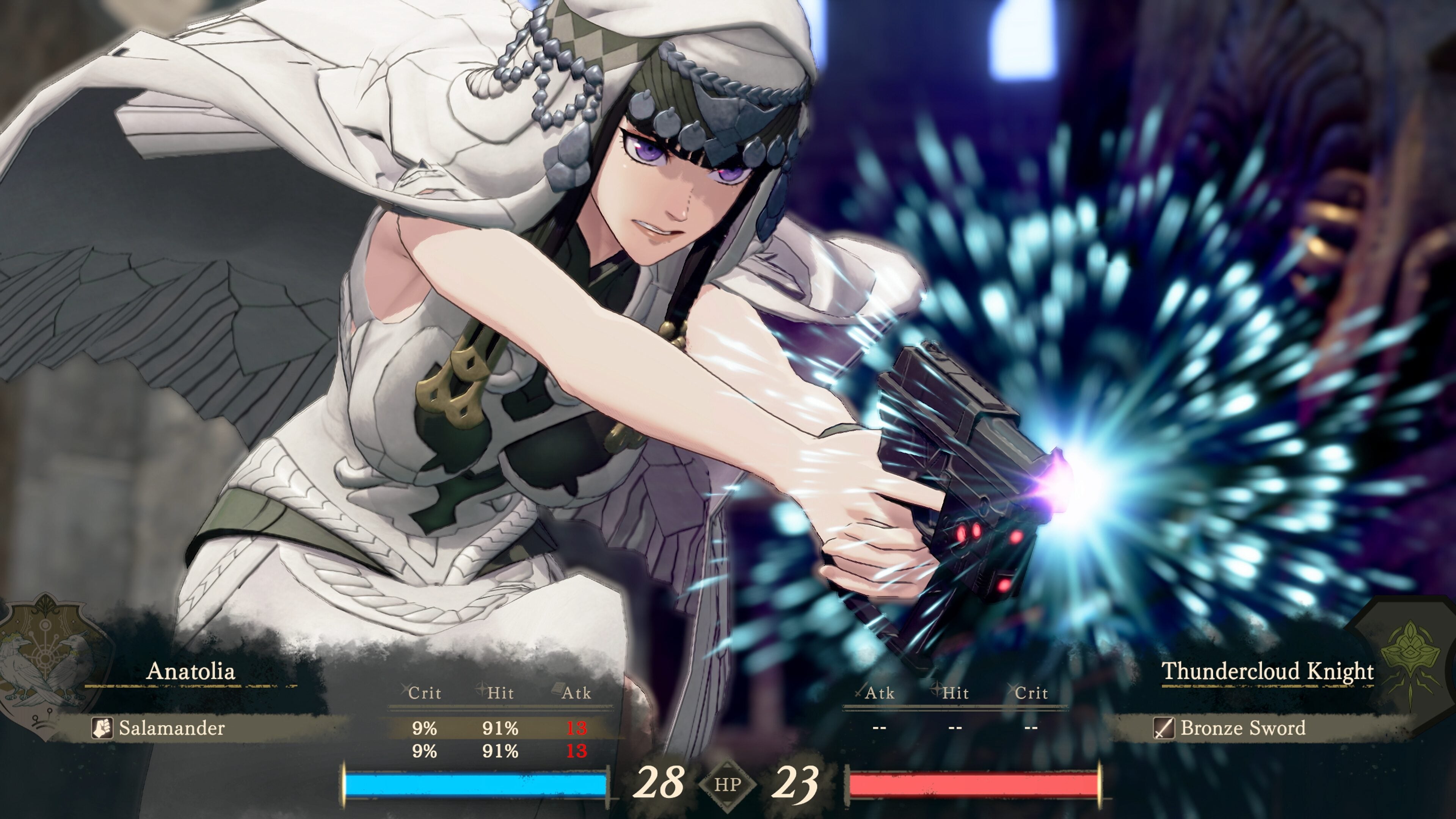 Anatolia firing the Salamander handgun in white bridal robes during a battle animation