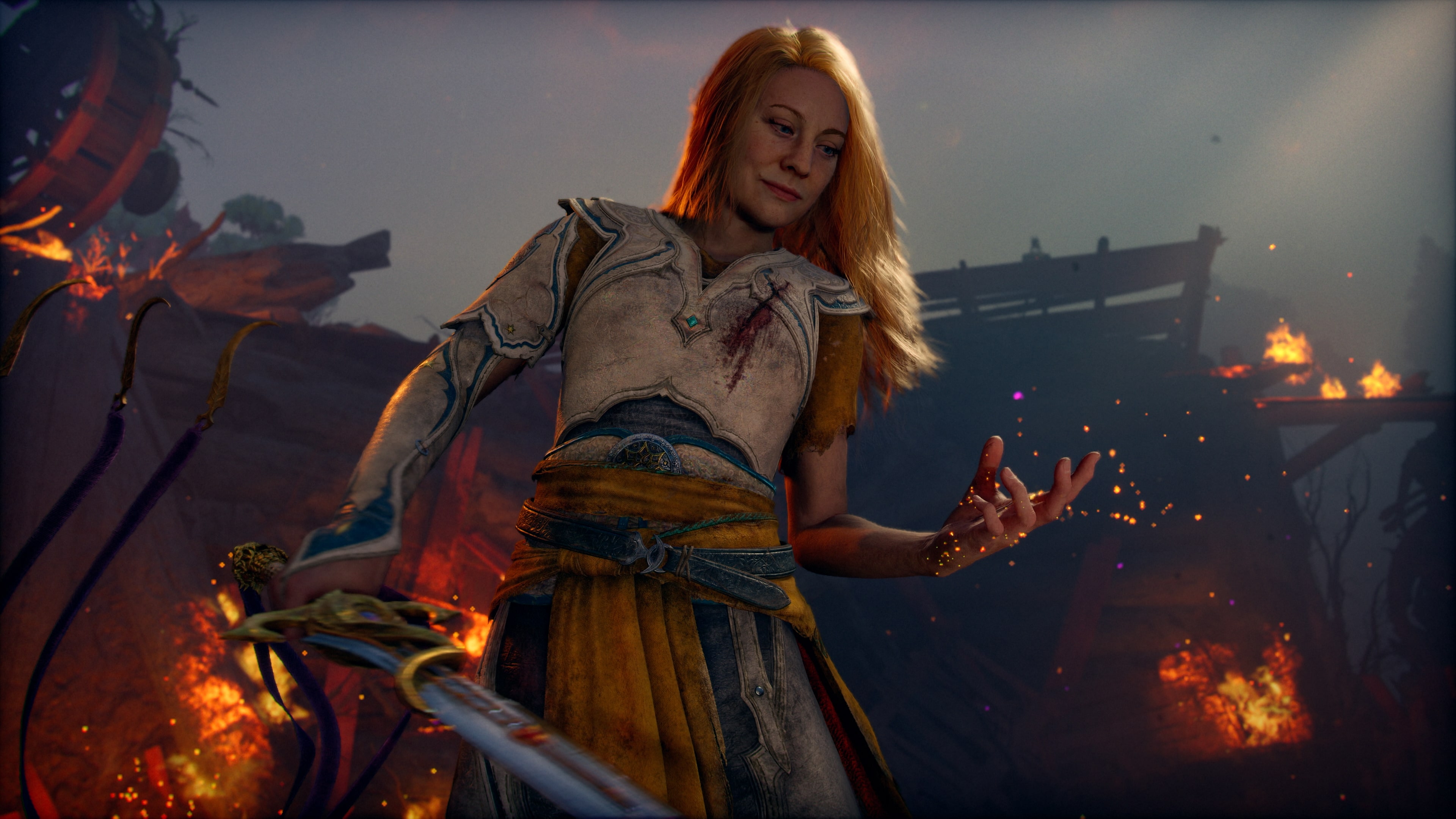 Faye holding her legendary sword with golden sparks gathering around her open hand
