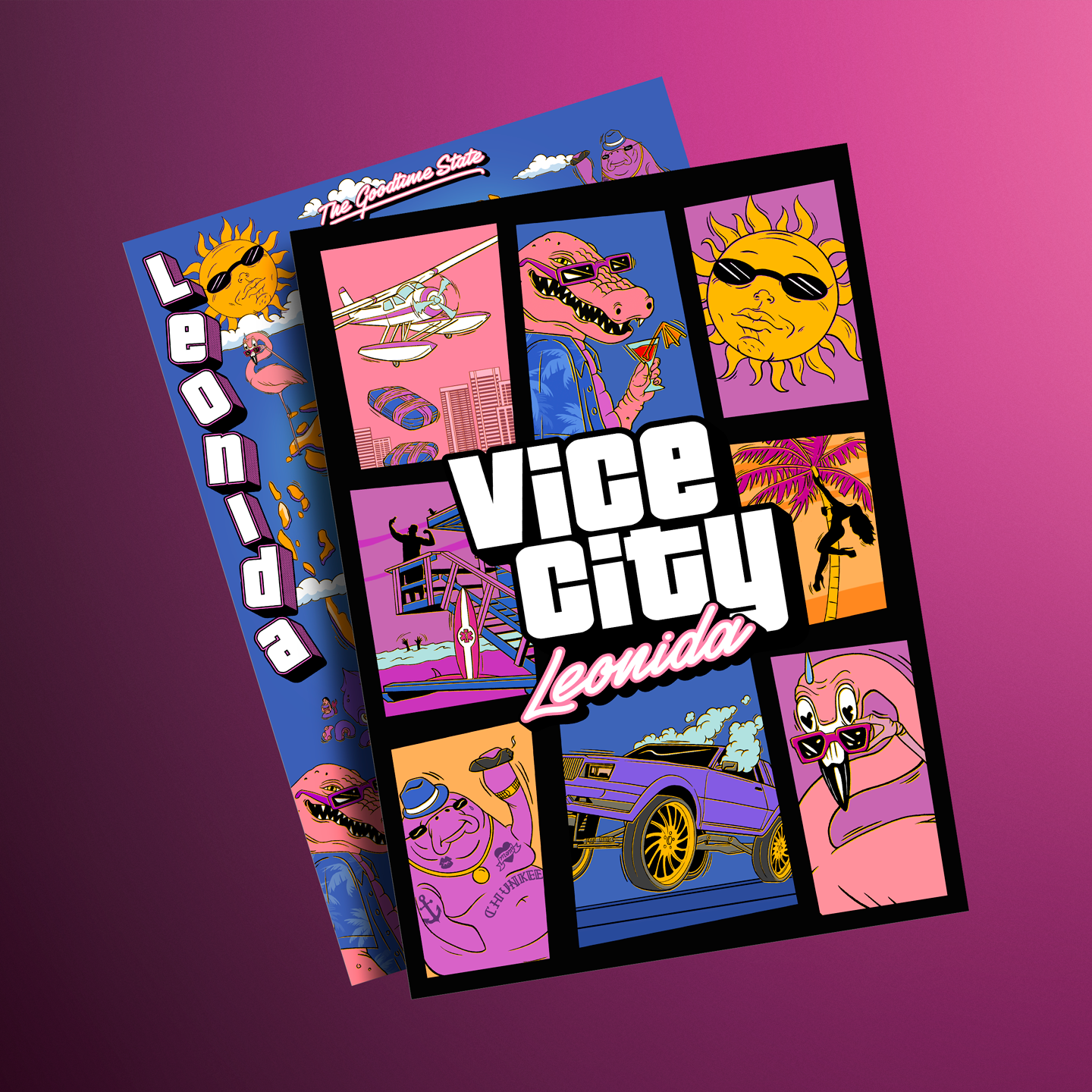The double-sided souvenir poster from the Grand Theft Auto VI Goodtime State Vice City Collection, showing the illustrated Vice City Leonida front with the map side of the poster behind it