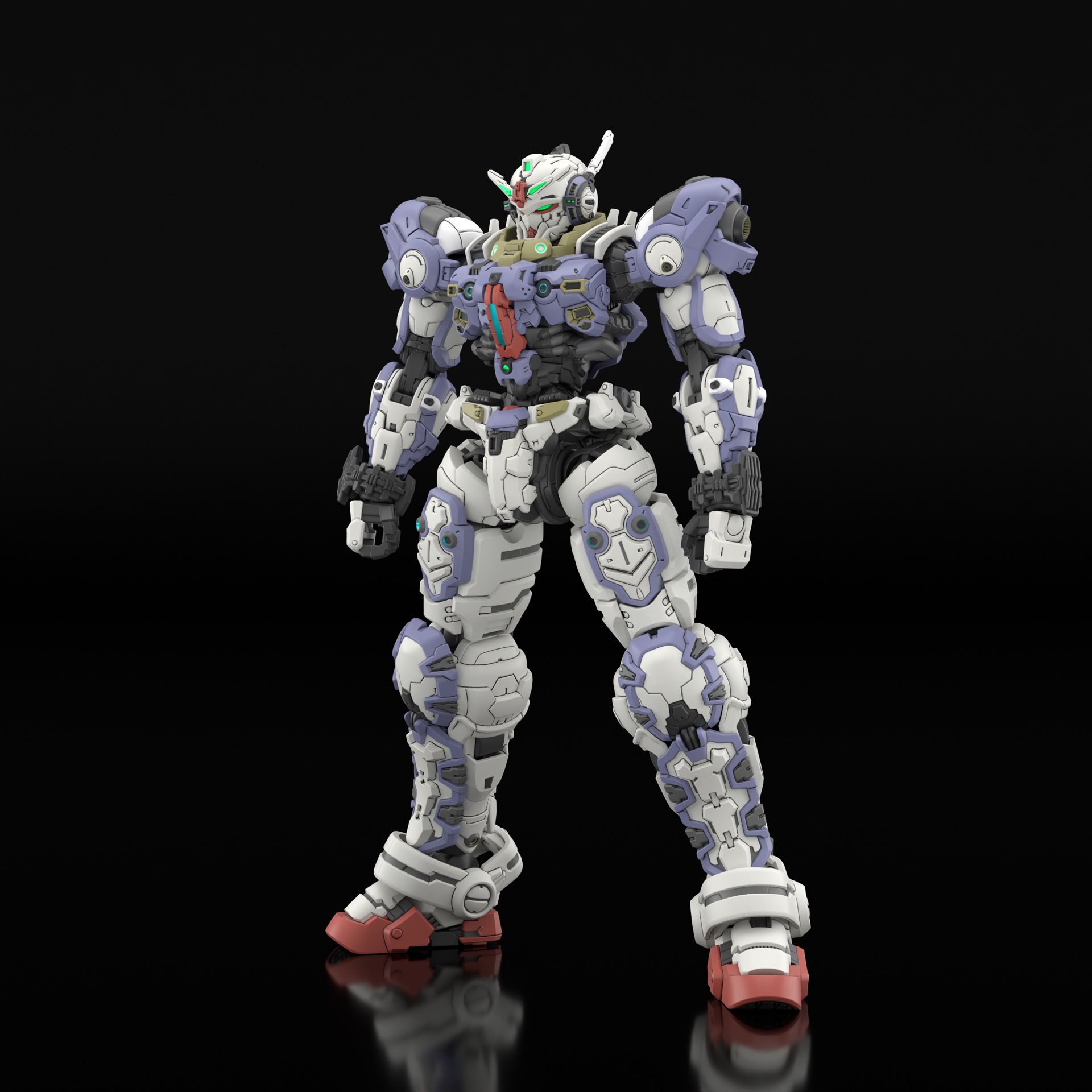 HG 1/144 Gundam Helix model kit assembled, showing the white and pale-violet color scheme with red feet