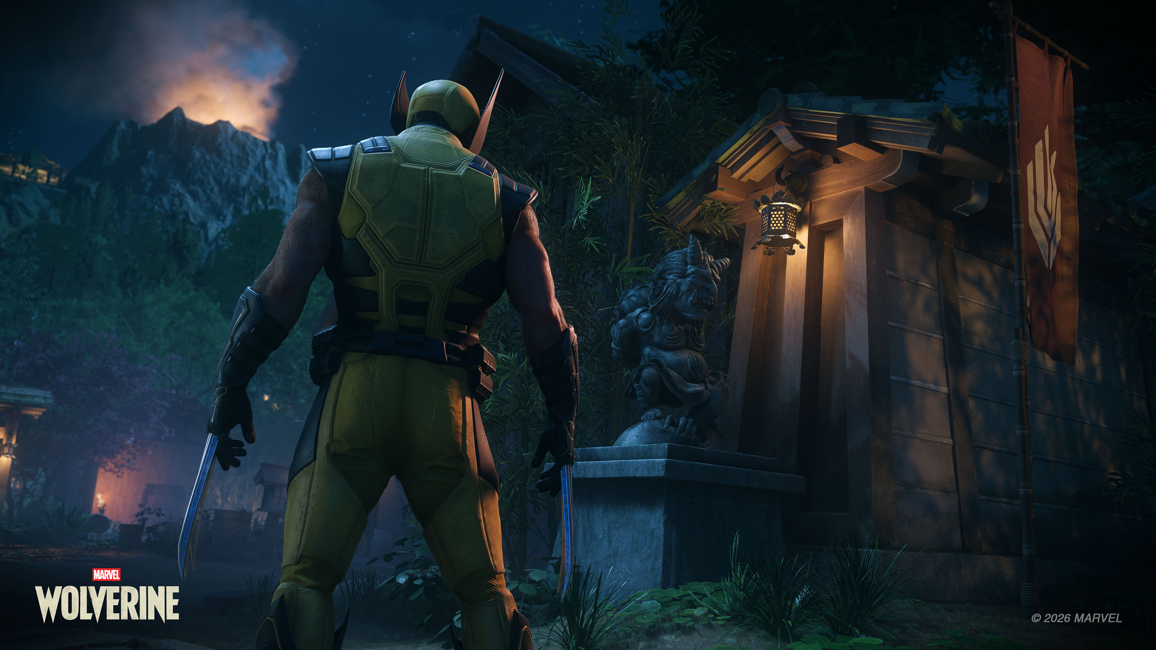 Wolverine in the yellow suit before a lit wooden Japanese shrine at night, a komainu statue and a tall red claw-emblem banner beside him