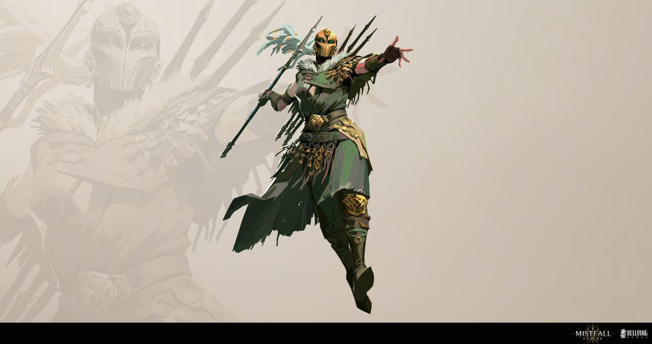 Concept art of the Blackarrow Javelin, the class second weapon confirmed for Season 2, showing a masked hunter in green and gold armour mid-throw with additional javelins sheathed at the back