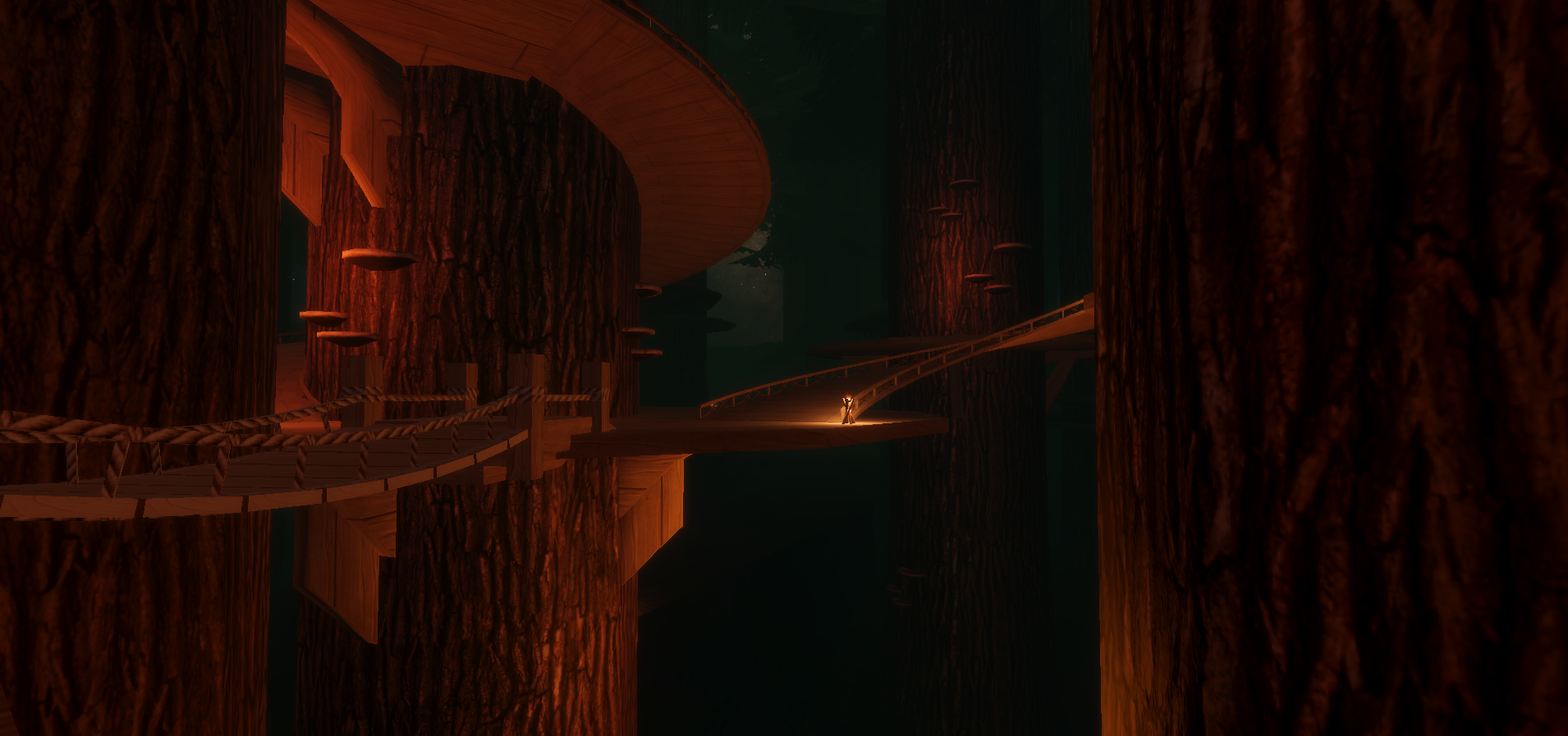 In development view of rope bridges and timber platforms built between enormous forest trees