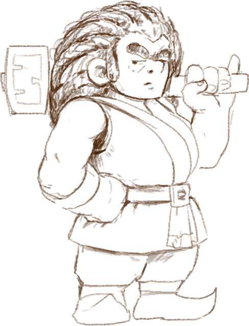 Concept sketch of a Dwarf woman with a thick mane of hair holding a small case