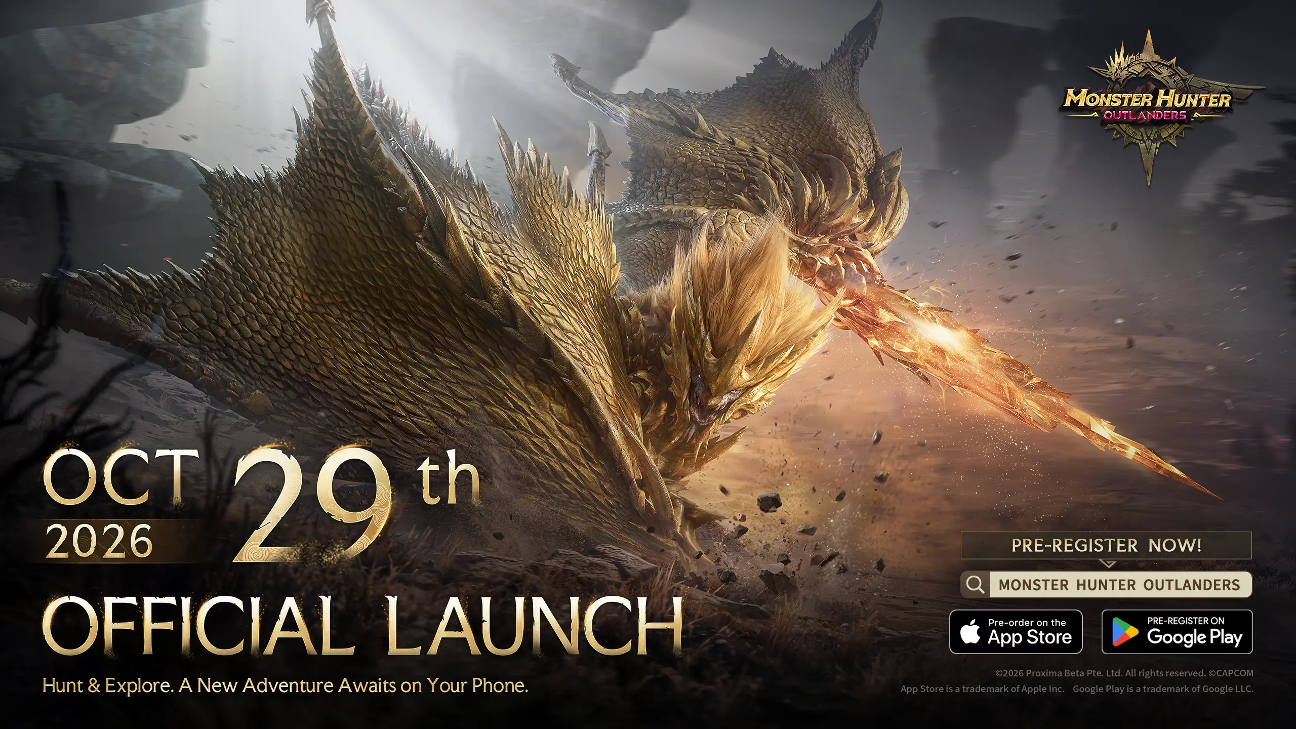 Official launch key art for Monster Hunter Outlanders showing the Elder Dragon Ruger Aidal with golden wings and the 29 October 2026 launch date