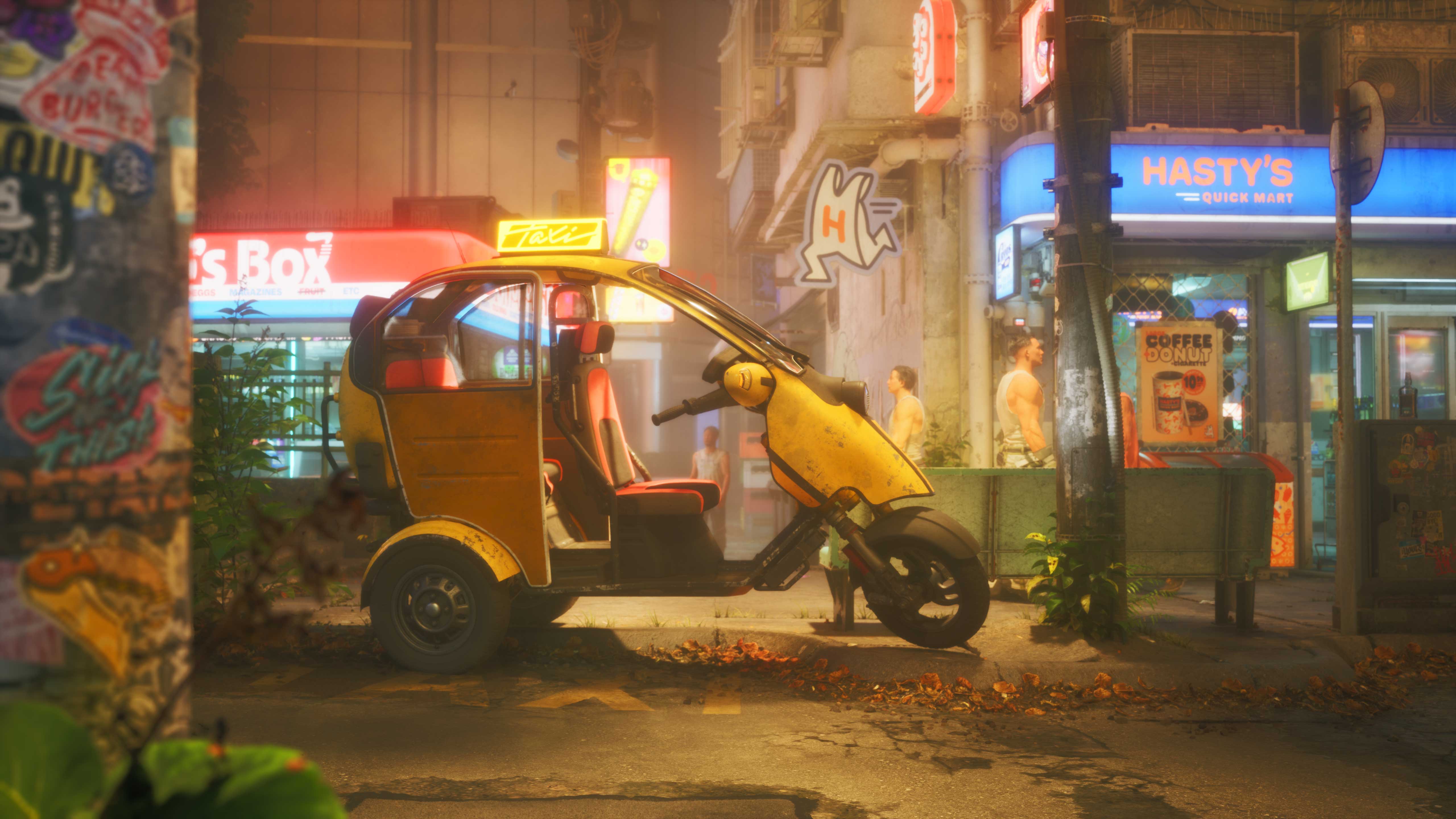 A three-wheeled taxi parked outside a neon-lit convenience store on a Port Desire street at night