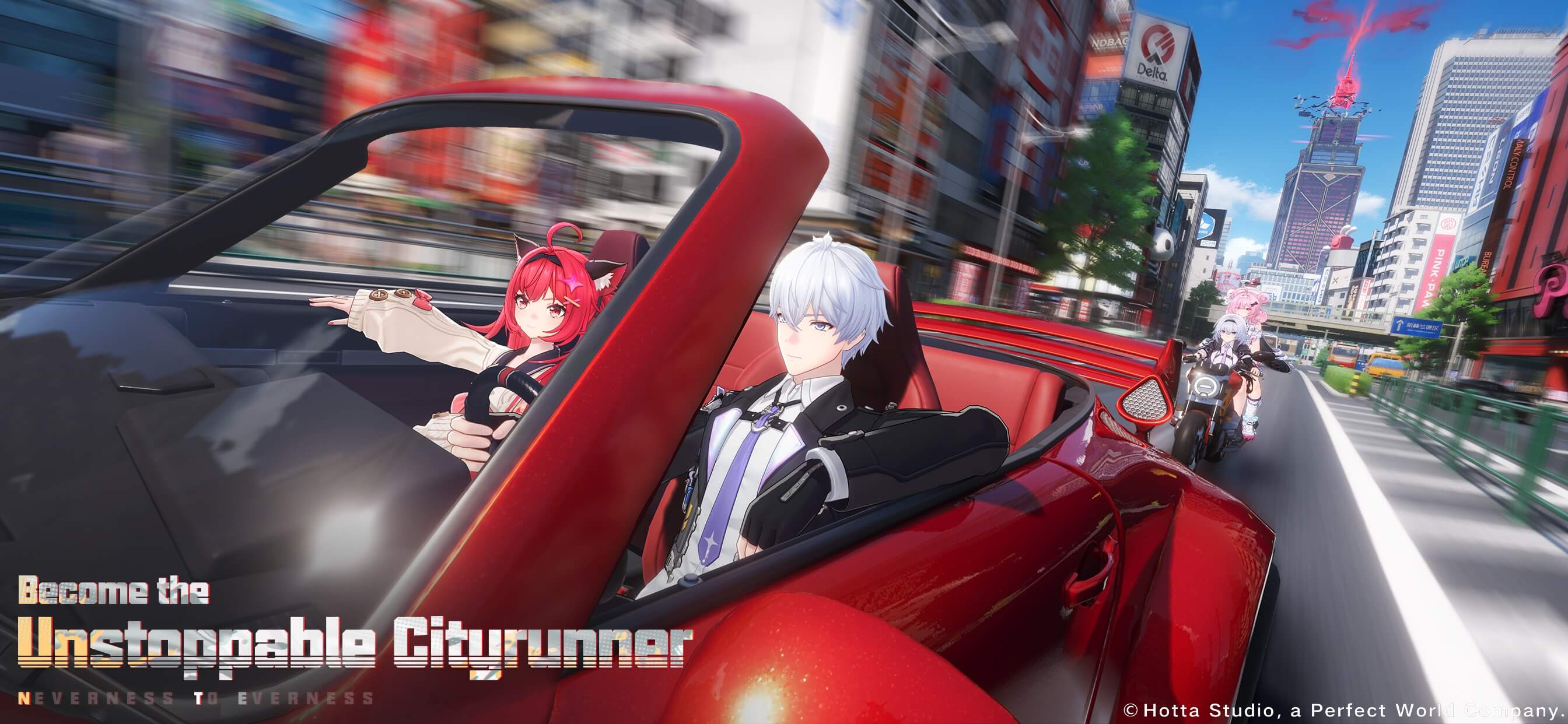 Two characters driving through Hethereau city streets in a red car