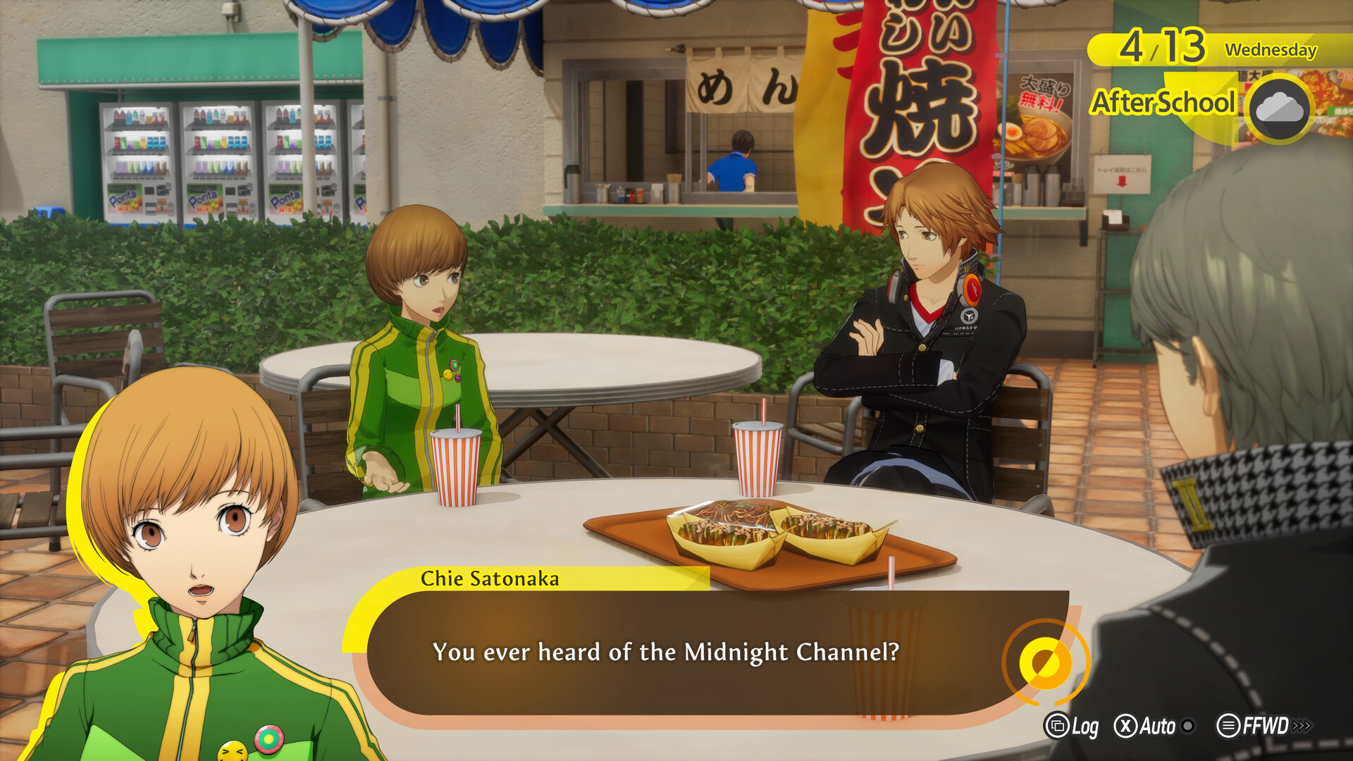 Three students sit at an outdoor food court table in Inaba while Chie Satonaka asks about the Midnight Channel, with the calendar readout showing an after-school slot on a cloudy Wednesday