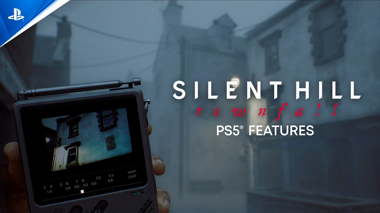 Features Trailer title card: Simon holds the CRTV up to a fogbound St. Amelia street, its screen showing a building, with the PS5 Features title