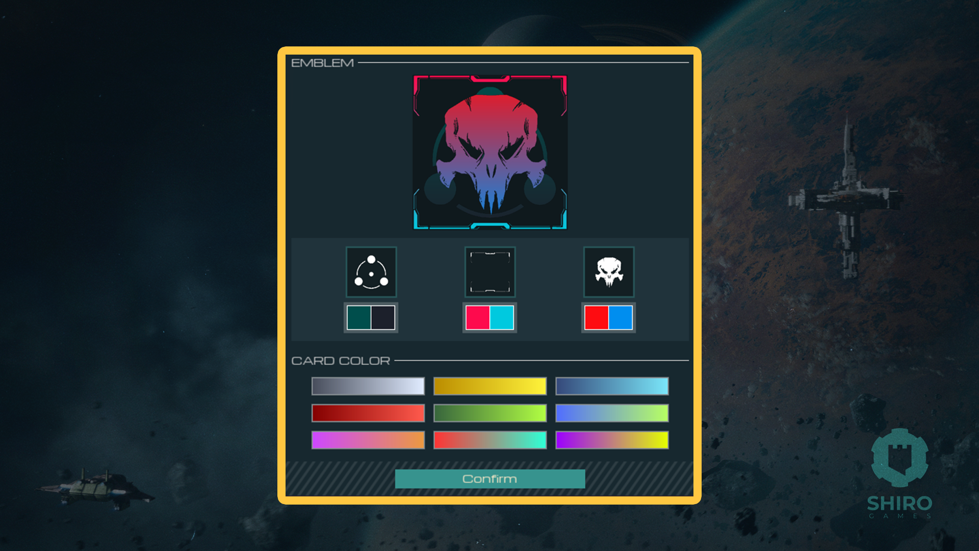 The Corporation emblem editor, with a layered skull emblem preview above three shape, frame and symbol pickers, each with a two-colour swatch, and a grid of card colour gradients below