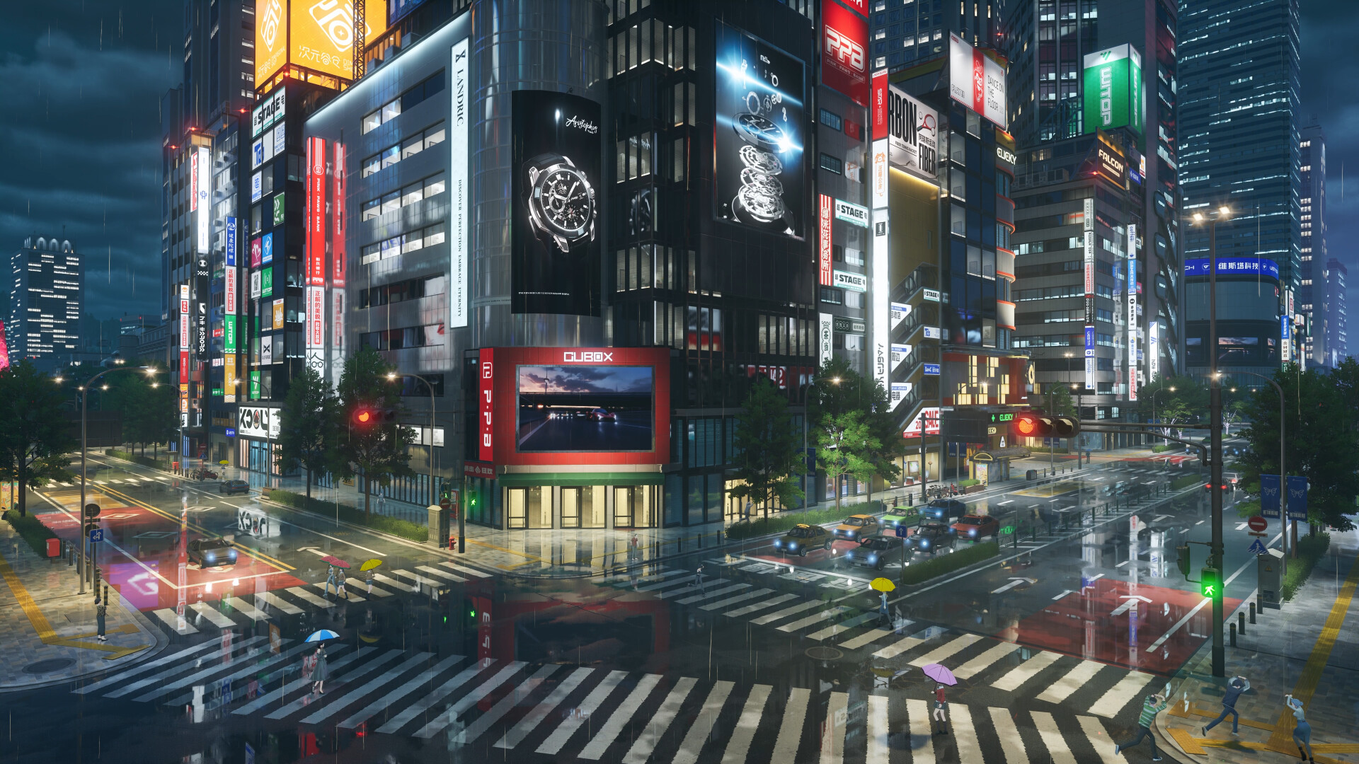A rainy neon-lit crossing in downtown Hethereau