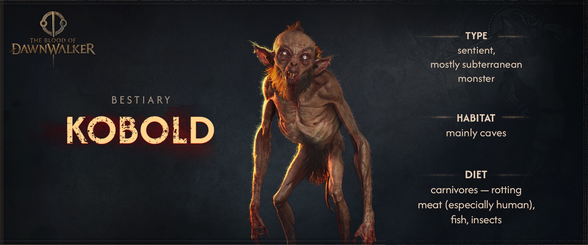 Official bestiary card for the kobold, a gaunt subterranean monster that lives mainly in caves and eats rotting meat, fish and insects