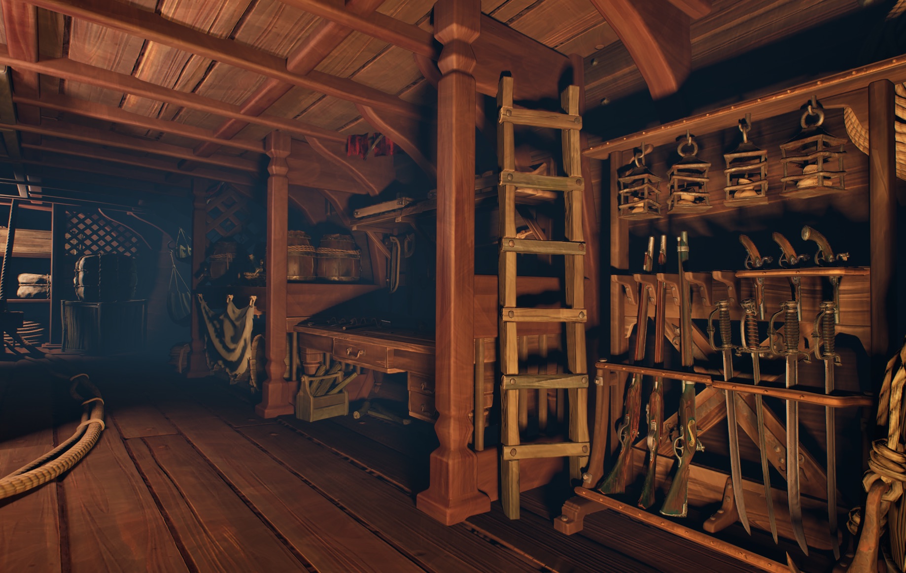 Work-in-progress preview of a ship hold planned for the Ashlands update, fitted with a weapon rack of muskets and sabers, a ladder and a writing desk