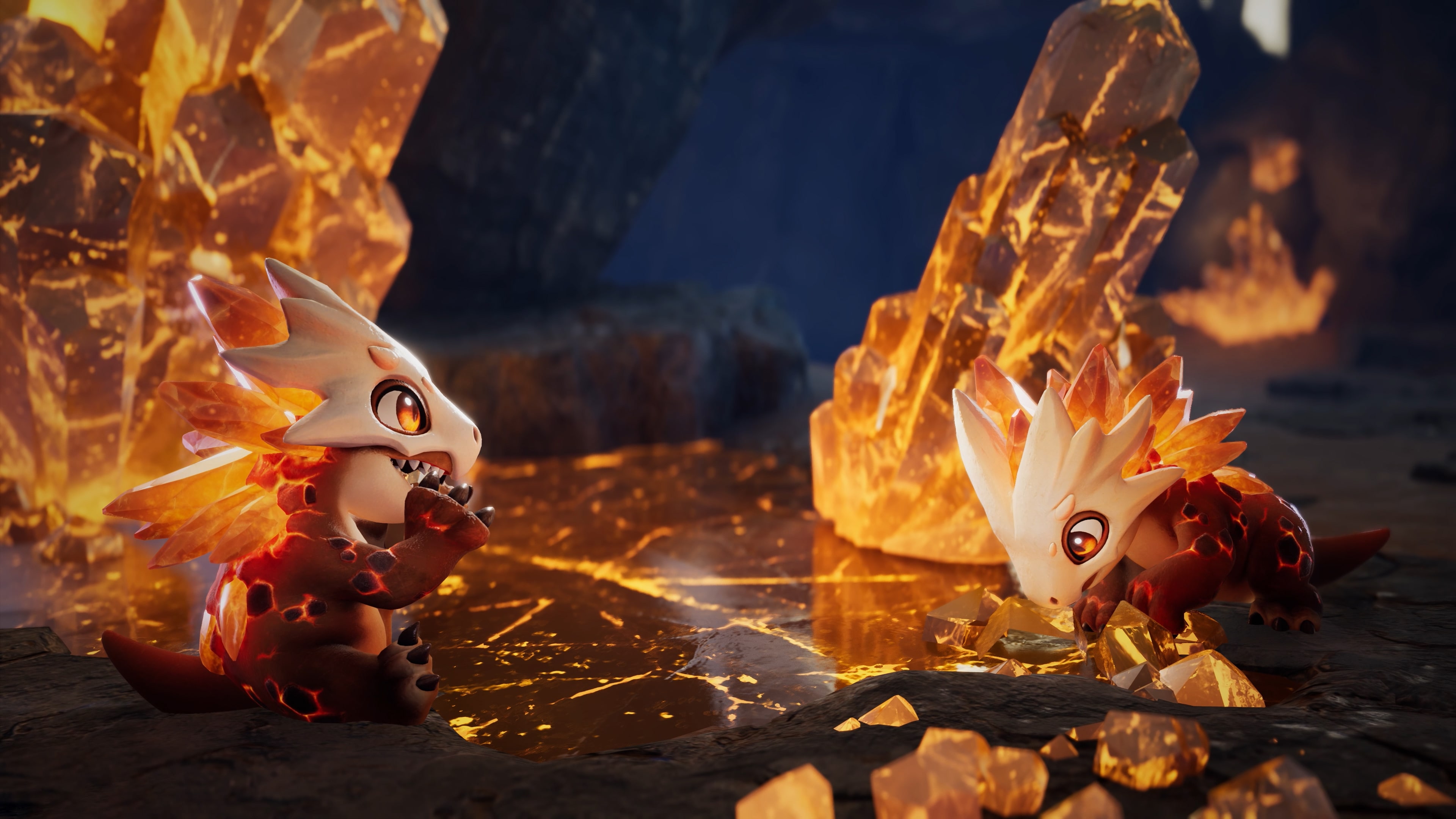 Two small fire Aniimo facing off among towering glowing orange crystals