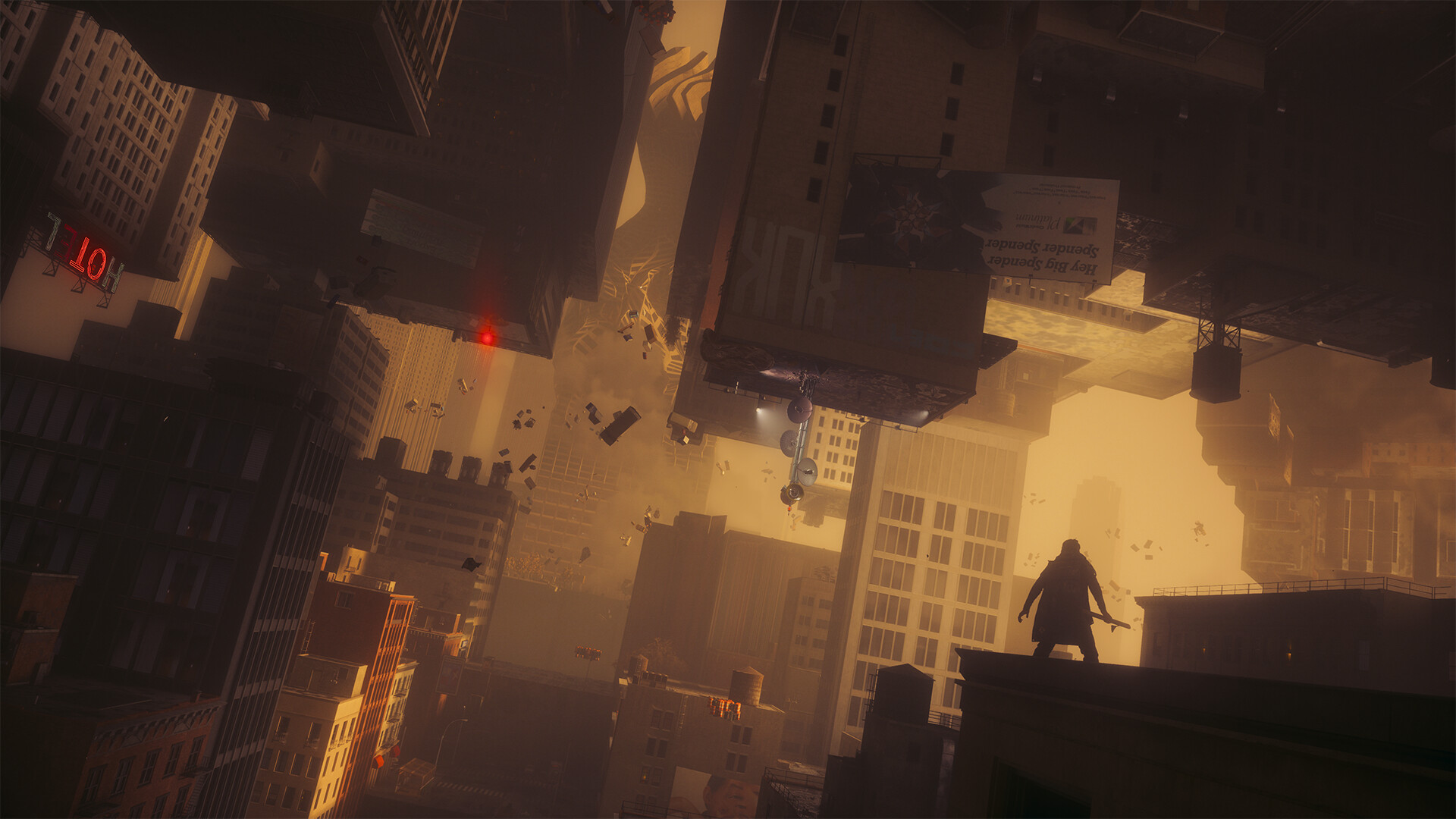 Dylan Faden on a rooftop edge beneath Manhattan skyscrapers hanging upside down from the sky in amber haze