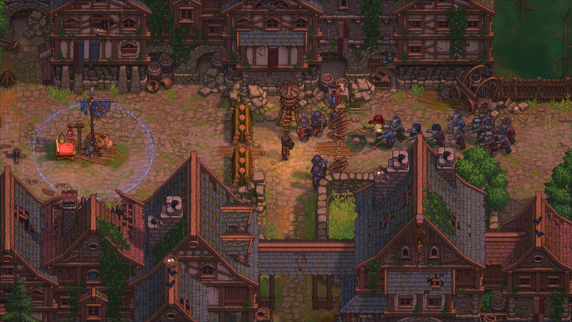 Graveyard Keeper 2 demo screenshot of a street battle in The Town in the rain, with a rally banner and glowing circle on the left, spiked barricades and a wooden watchtower in the middle, and the Inquisitor and armoured zombie troops holding off a horde on the right