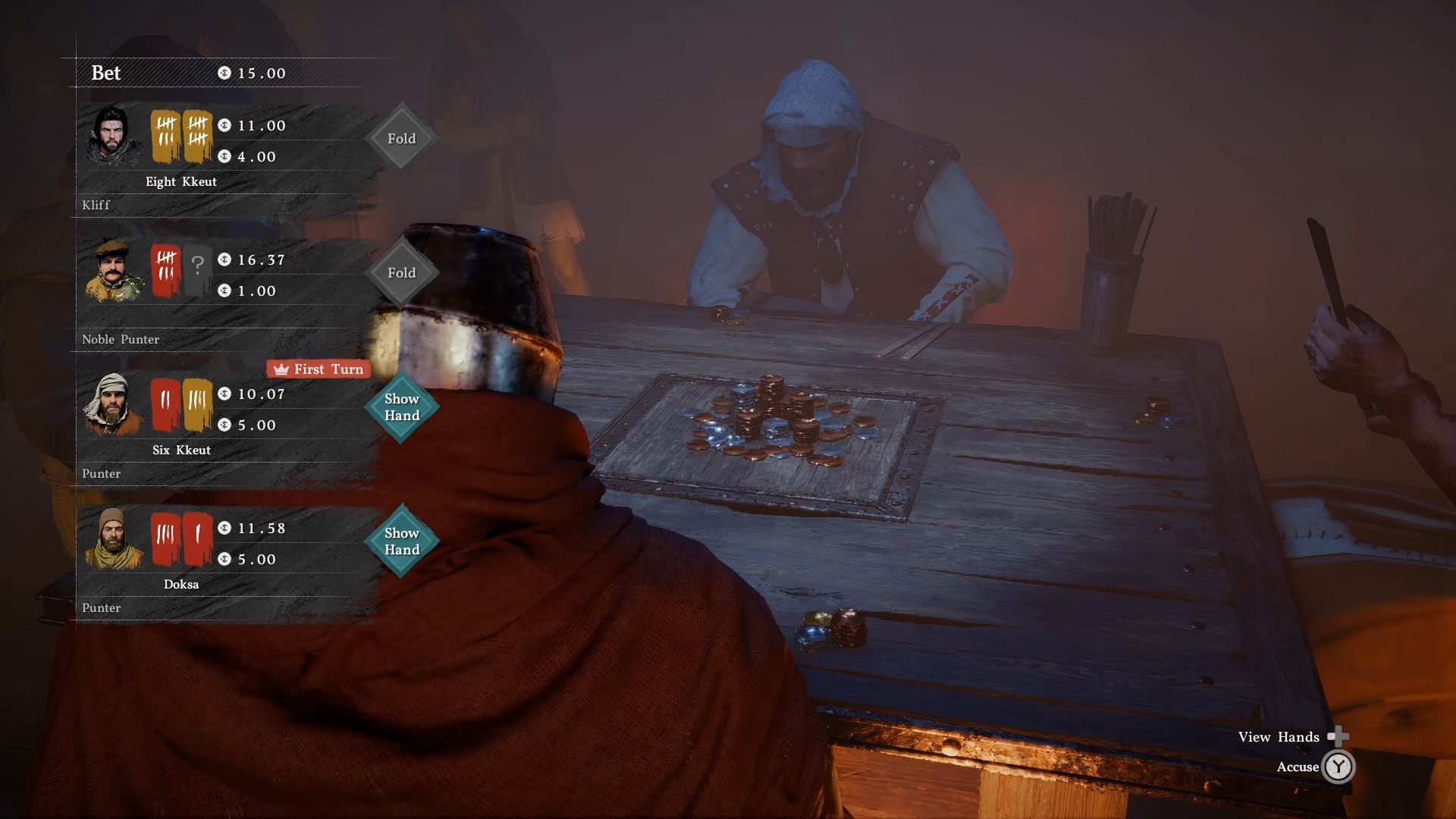 Active Duo card game match in progress with betting options displayed in Crimson Desert
