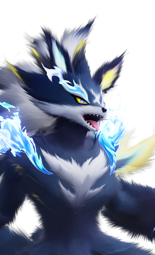 Official full-body artwork of the Aniimo Scorchhowl in its Thunderstorm Form, a Fire and Electric element DPS role creature