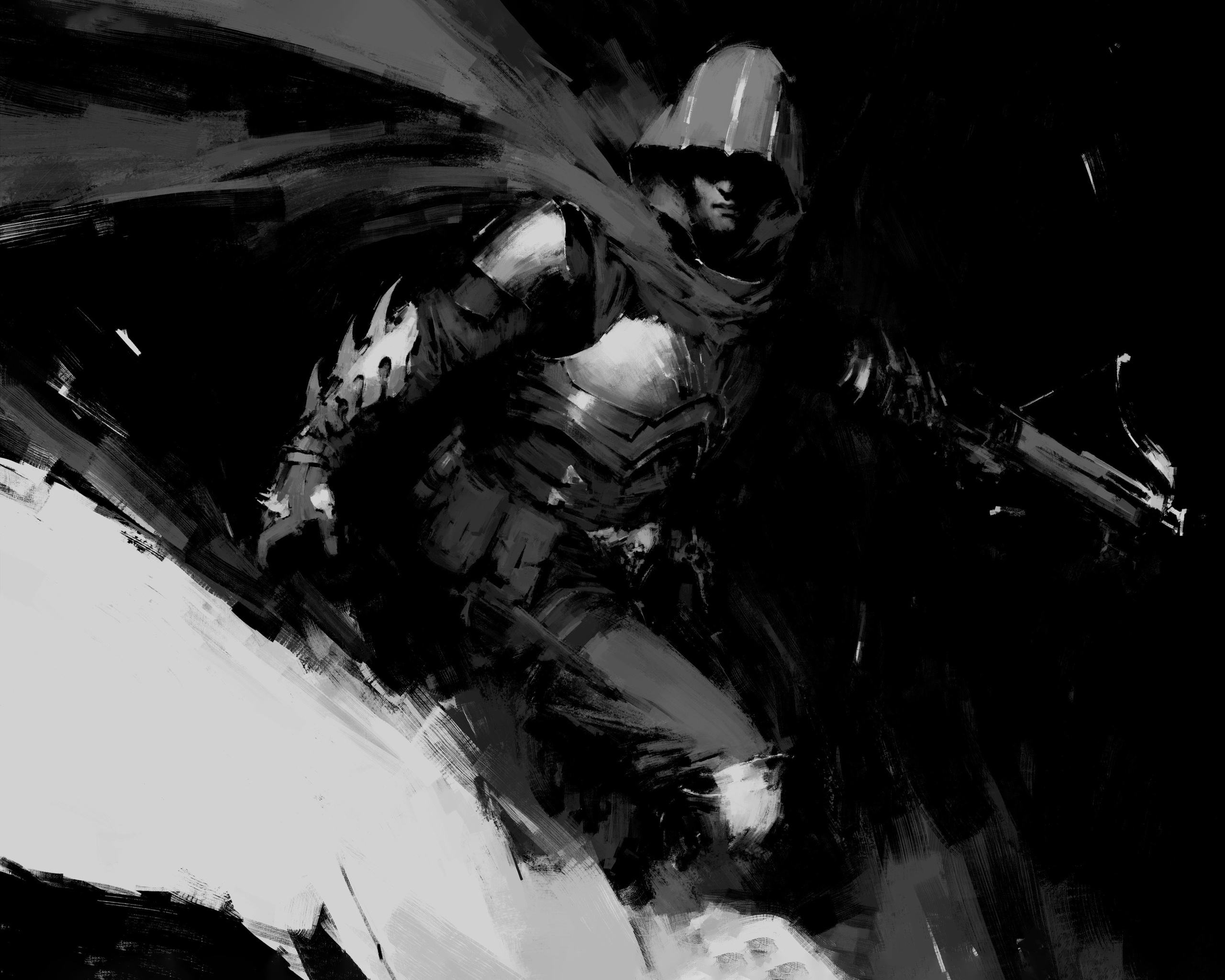 Black-and-white concept sketch of the Demon Hunter, a hooded figure in a helmet and scarf holding a crossbow