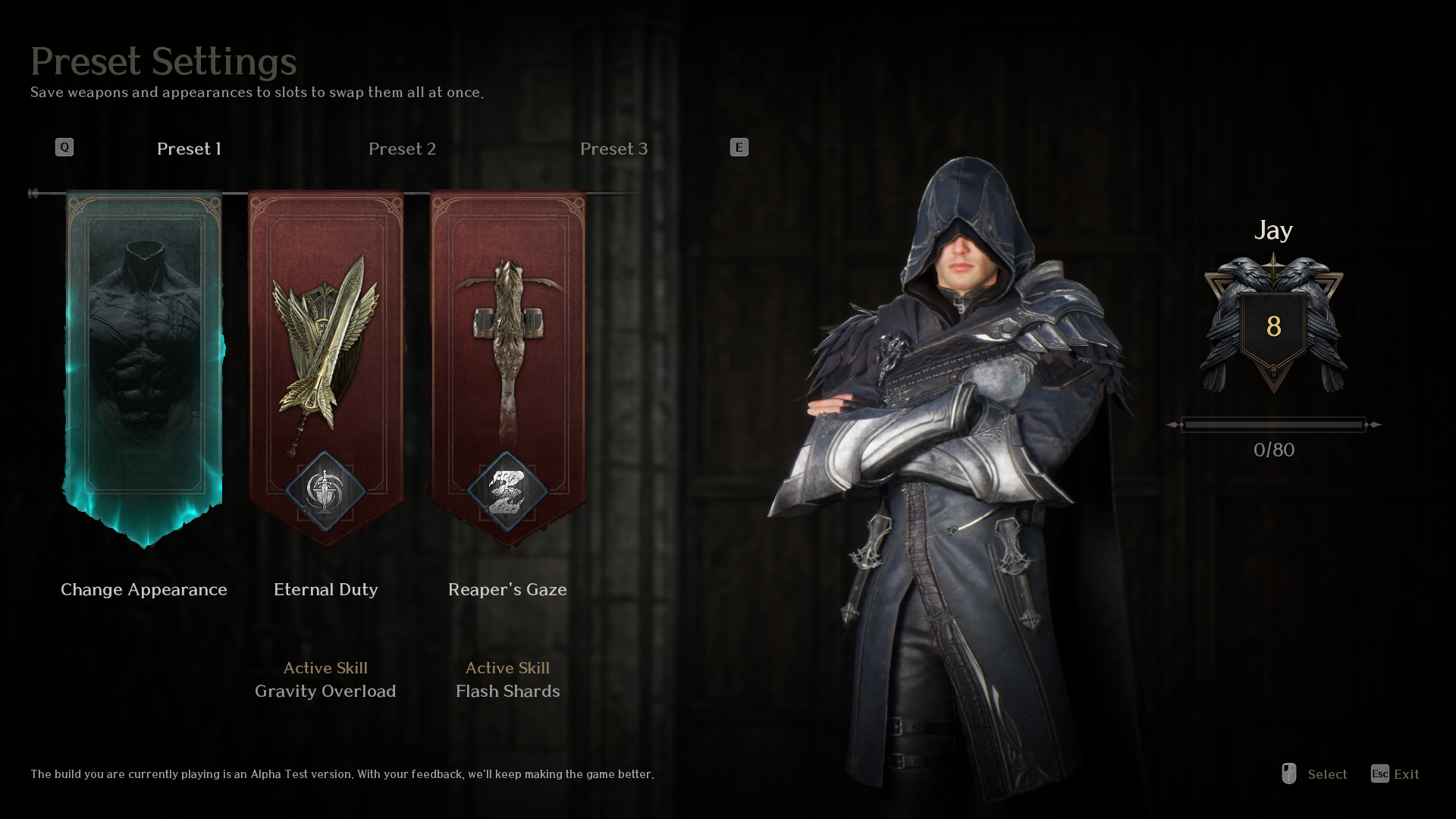 Preset Settings screen from the EVILBANE playtest, saving a character's appearance, melee weapon, and ranged weapon to one of three preset slots