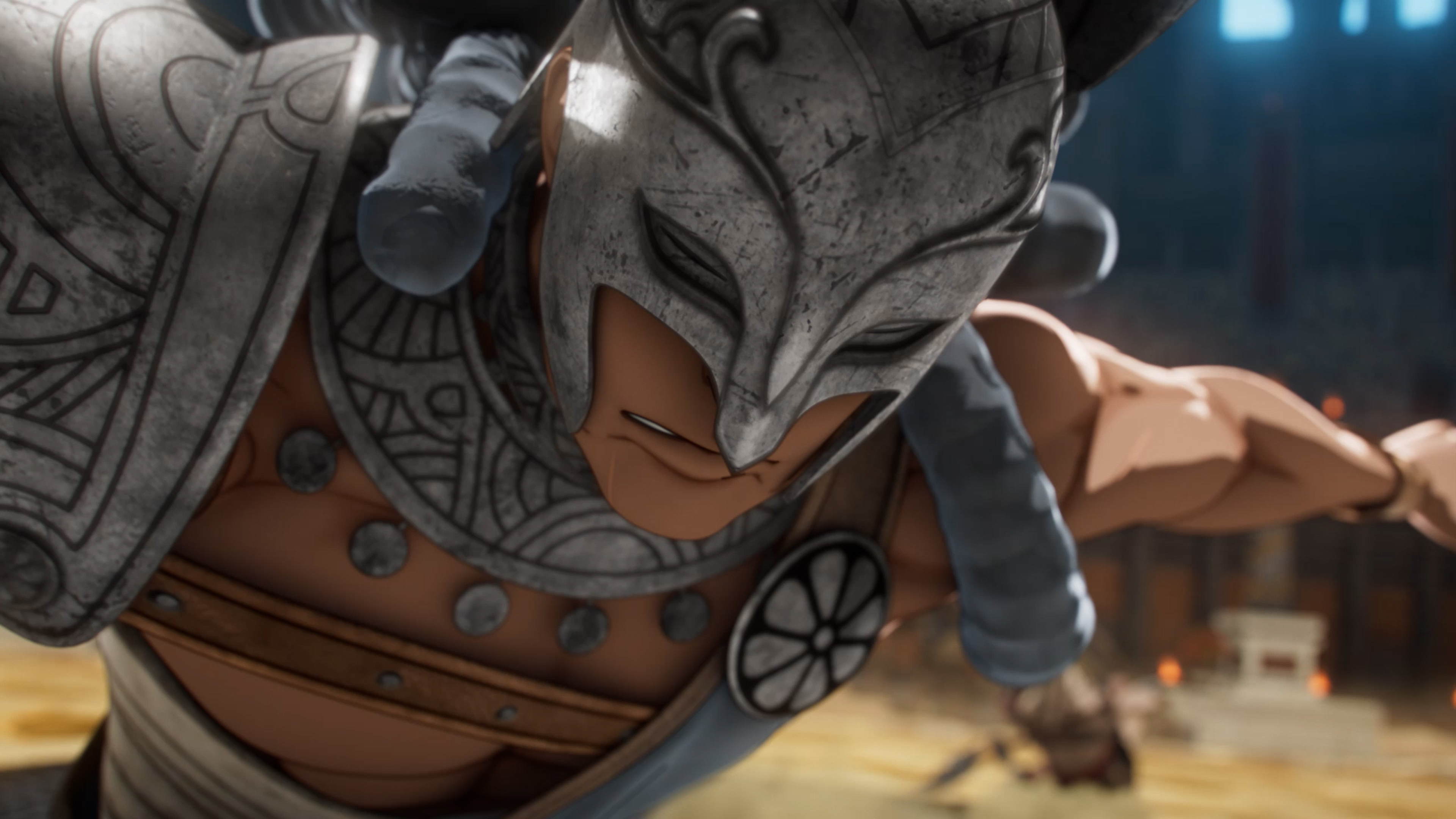 A masked arena fighter in an engraved steel pauldron lunging forward with a spear