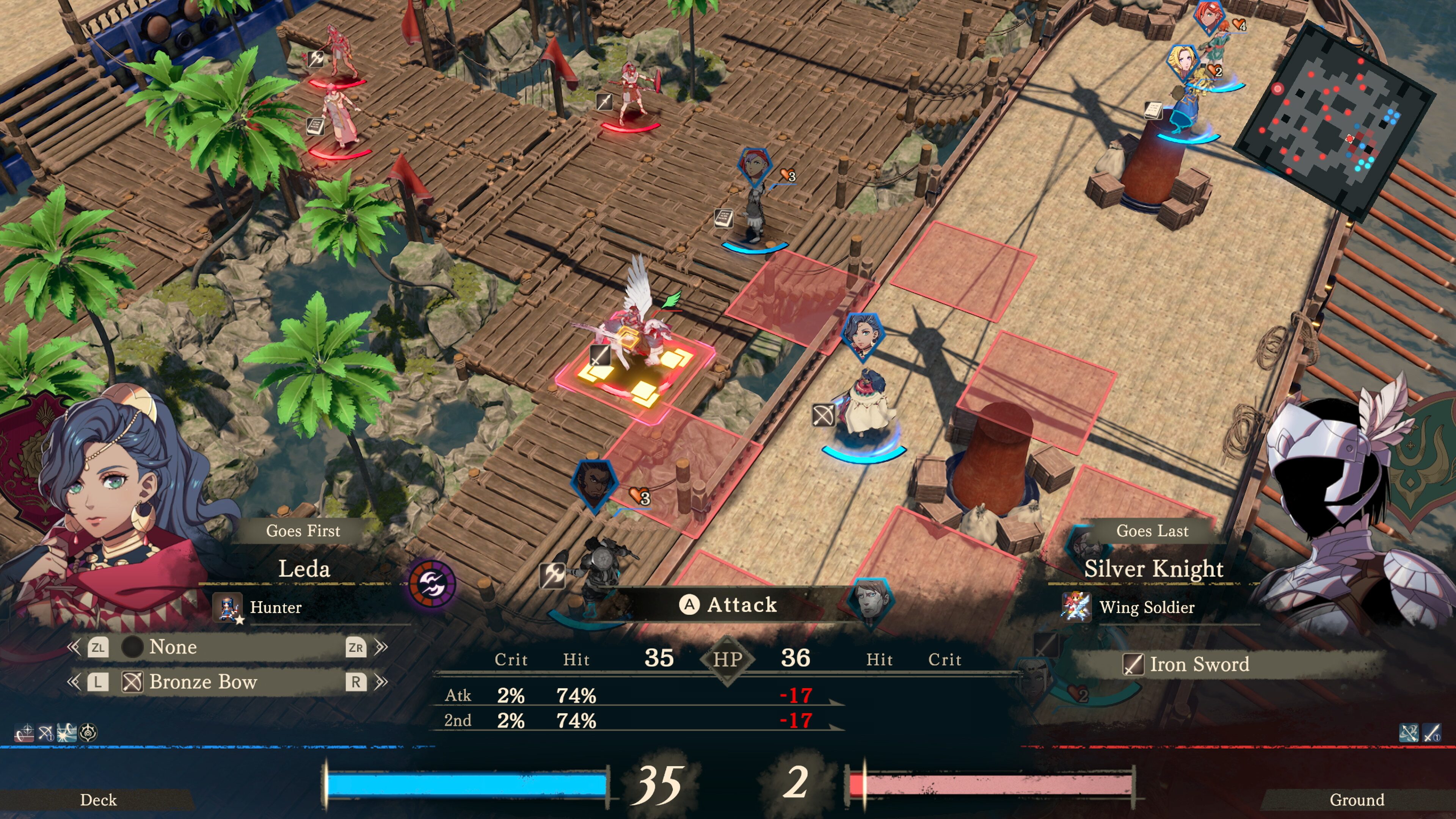 Grid battle on a harbour deck with Leda's forecast open against a winged enemy knight