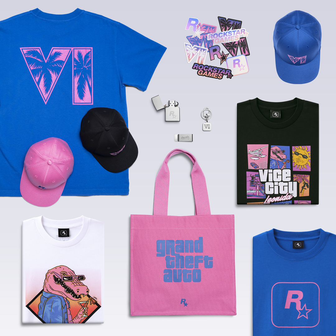 Grand Theft Auto VI Collection merchandise: VI logo and Rockstar logo tees, a Macca the Gator tee, a Vice City Leonida tee, caps, a pink tote bag, a lighter, a money clip, a keychain and stickers