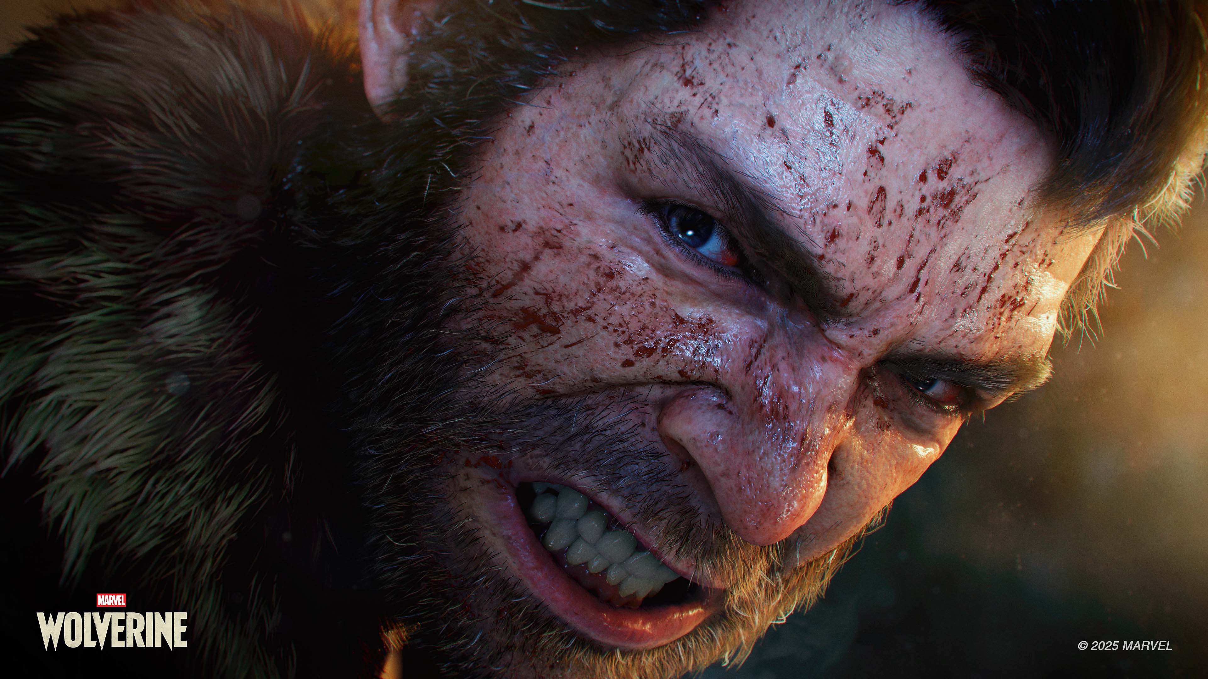Close-up of Logan unmasked, face blood-spattered and cut, teeth bared mid-snarl in warm firelight