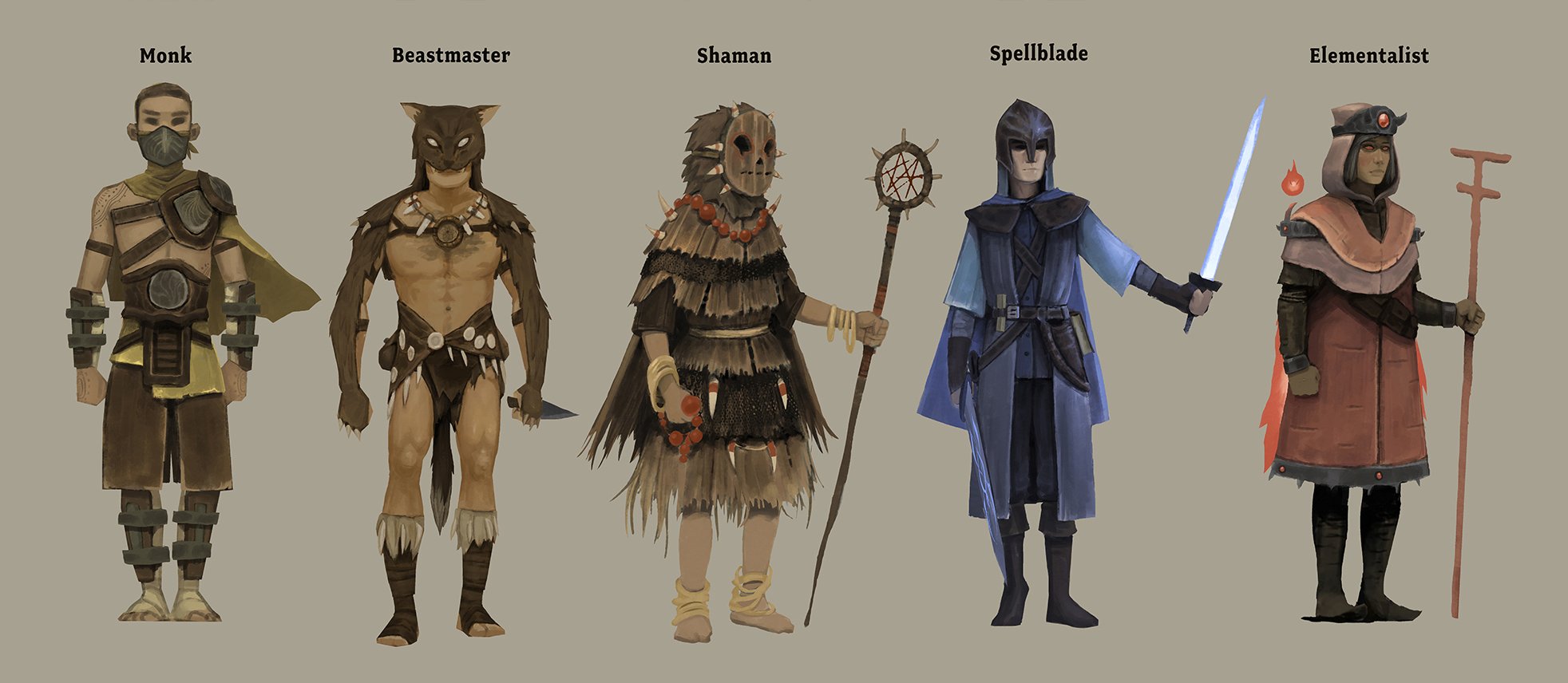Concept art lineup of five class silhouettes labelled Monk, Beastmaster, Shaman, Spellblade and Elementalist