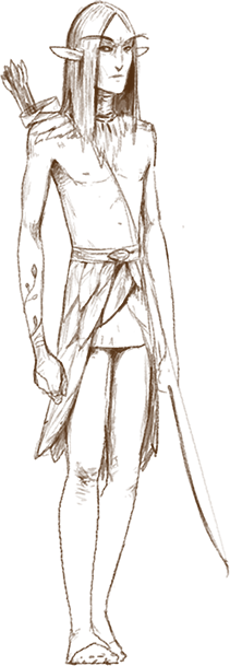 Concept sketch of a lean Wood Elf man carrying a bow and a quiver of arrows
