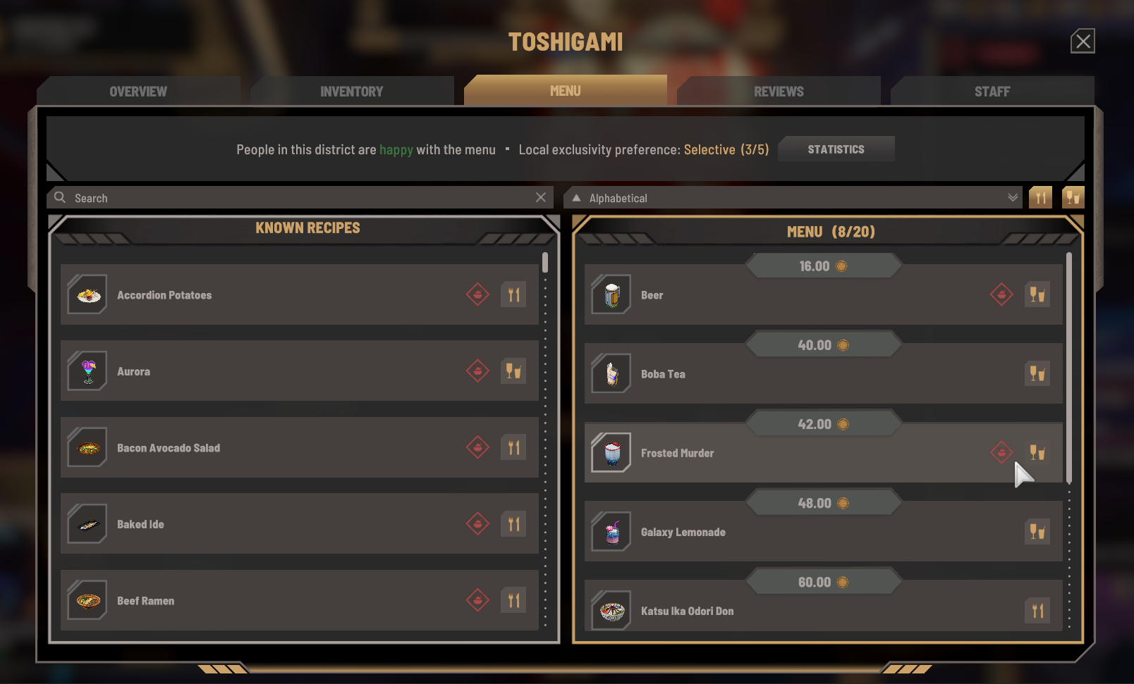 Venue menu screen listing known recipes and current menu items, with red icons marking recipes that are missing ingredients or processors