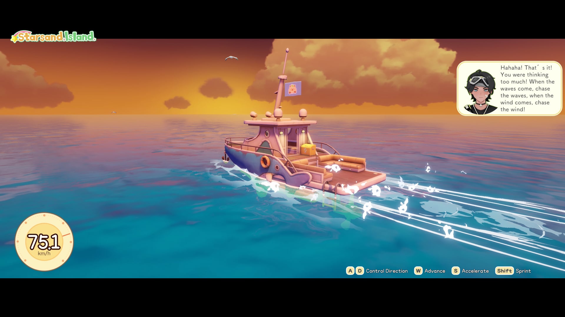 Sailing a fishing boat on the ocean at sunset with Delphin giving encouragement