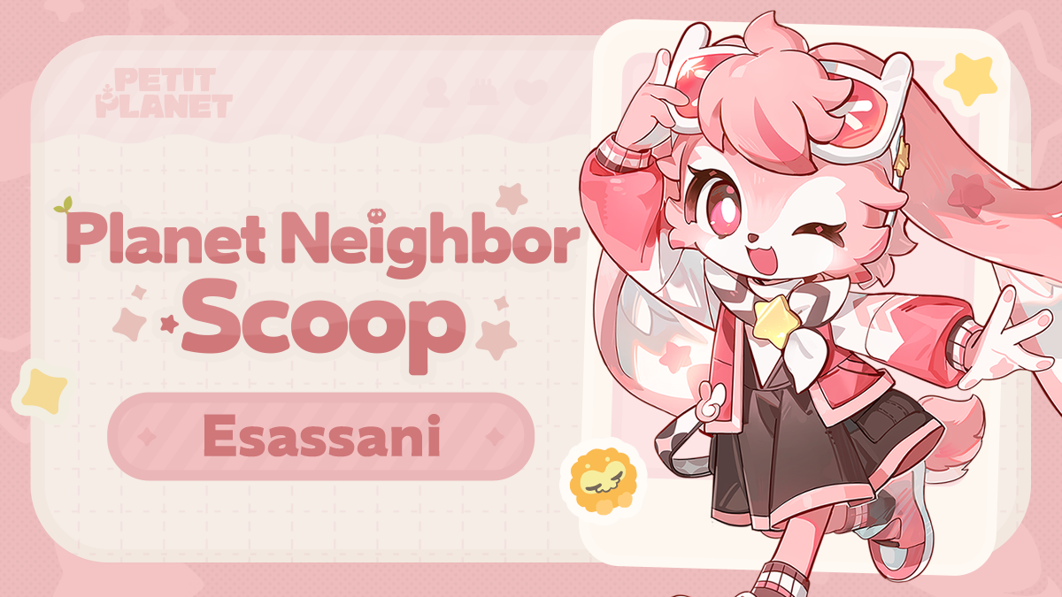 Official Planet Neighbor Scoop card for Esassani, showing the pink rabbit Starsea Racer Neighbor winking with one hand raised.