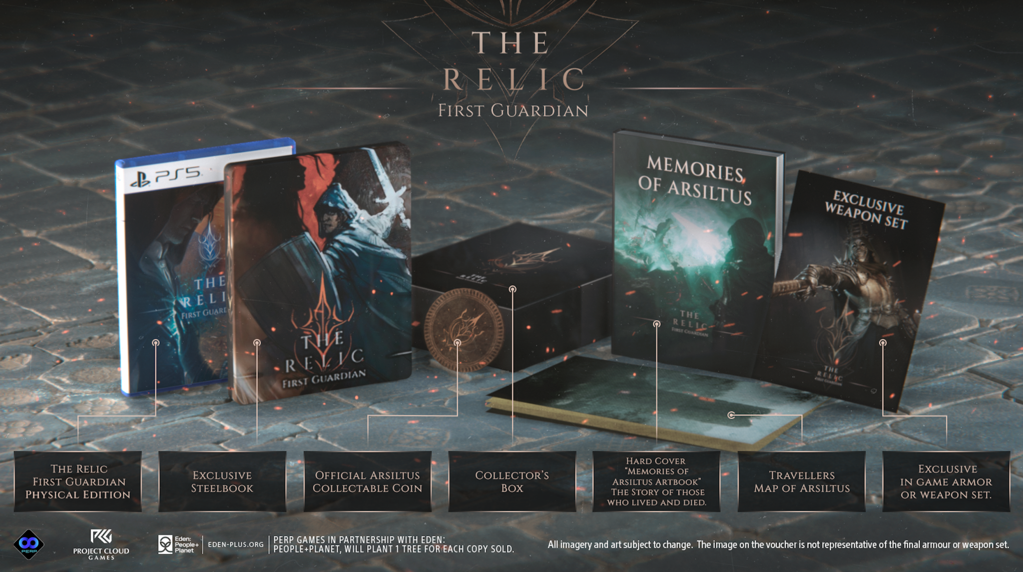 Product shot of the collector edition contents laid out on wet cobblestones: a PlayStation 5 boxed copy, a steelbook case, a collectable coin, a black collector’s box, a hardcover artbook titled Memories of Arsiltus, a folded printed map, and a voucher card for the exclusive in-game armour or weapon set.