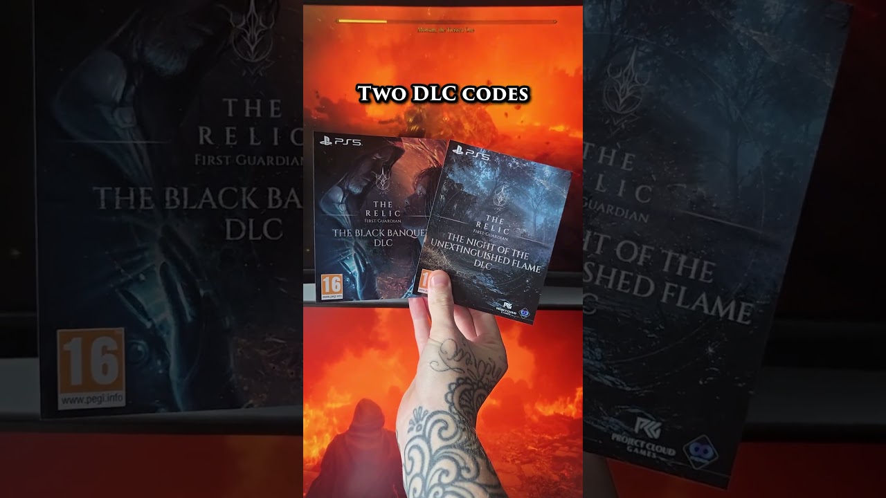 Two PlayStation 5 download code cards, one for The Black Banquet DLC and one for The Night of the Unextinguished Flame DLC, held up in front of a burning battlefield