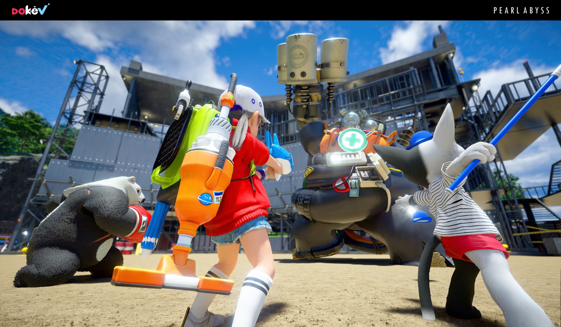 Official DokeV screenshot of a character firing a water gun at a large mechanical Dokebi in a construction yard while two Dokebi fight alongside